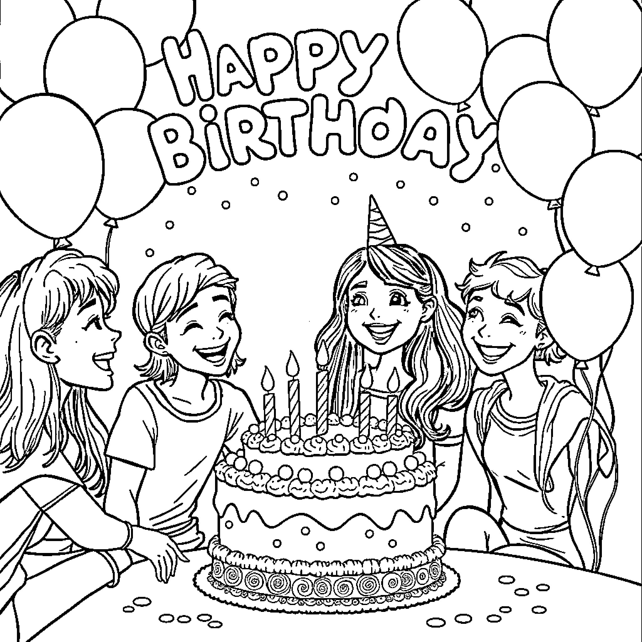 Gabi's Happy Birthday Celebration with Friends Coloring Page (free black-and-white line drawing printable PDF for all, from beginners to advanced learners, including children, teens, adults, and seniors)