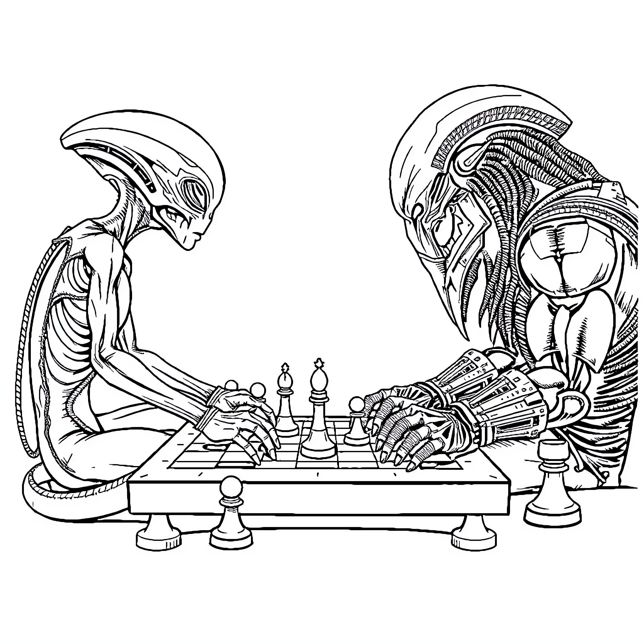 Alien Creatures Engaged in a Game of Chess Coloring Page (free black-and-white line drawing printable PDF for all, from beginners to advanced learners, including children, teens, adults, and seniors)