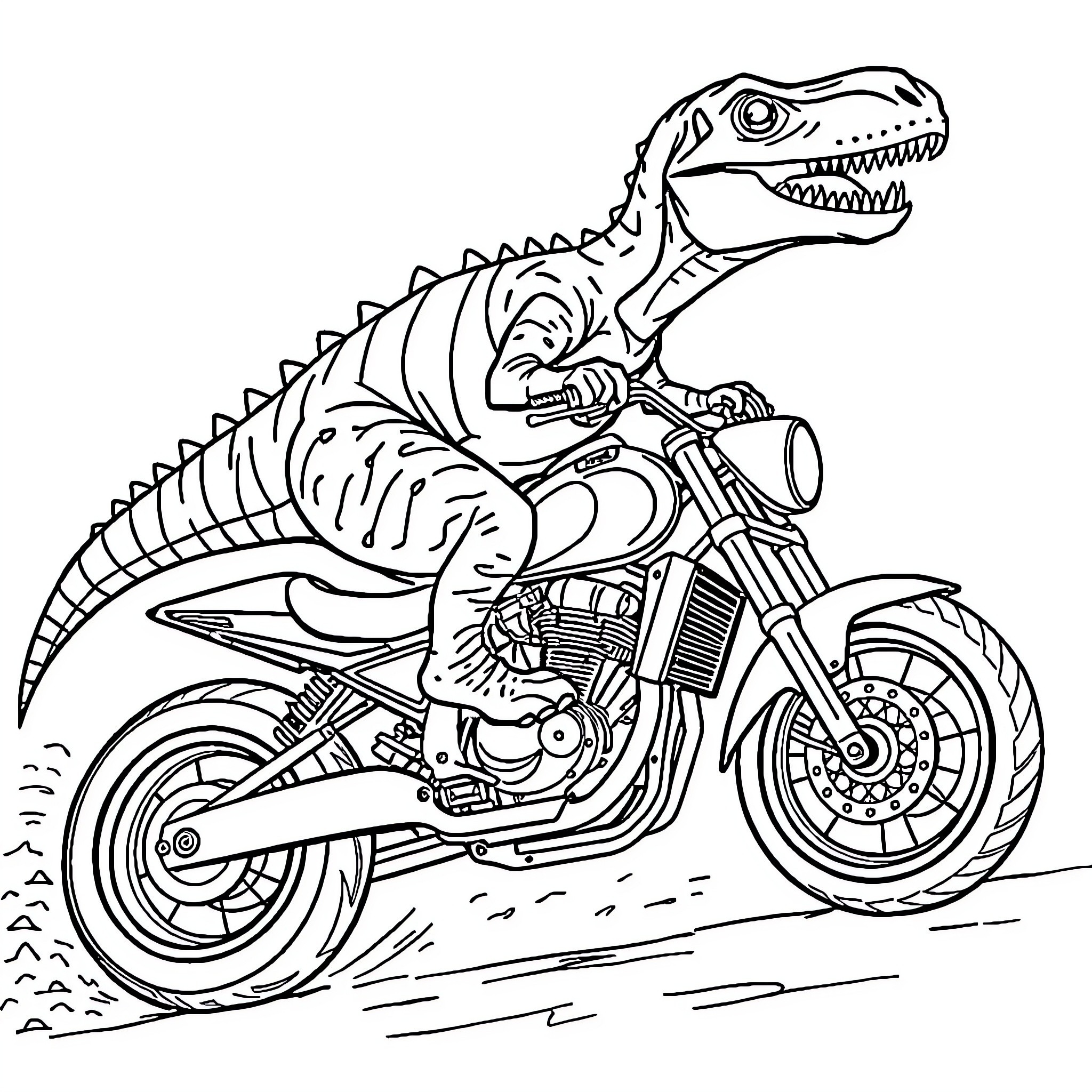 Dinosaur riding a futuristic motorcycle Coloring Page (free black-and-white line drawing printable PDF for all, from beginners to advanced learners, including children, teens, adults, and seniors)