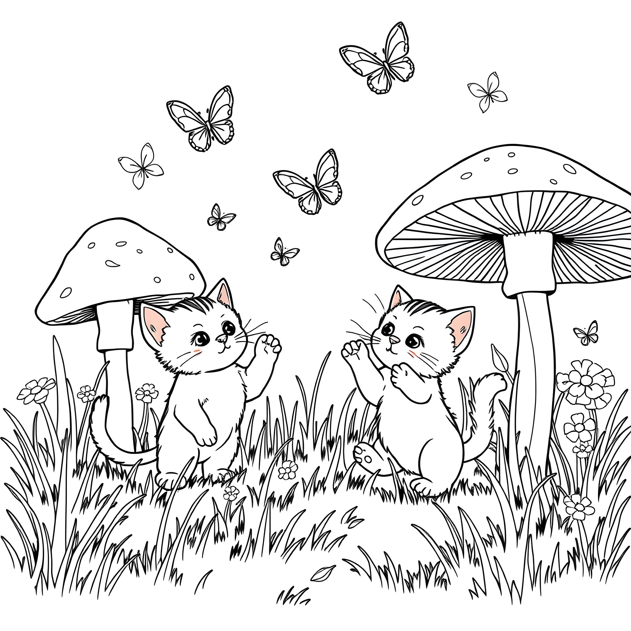 Cat Kittens Playing in Enchanted Forest Coloring Page (free black-and-white line drawing printable PDF for all, from beginners to advanced learners, including children, teens, adults, and seniors)