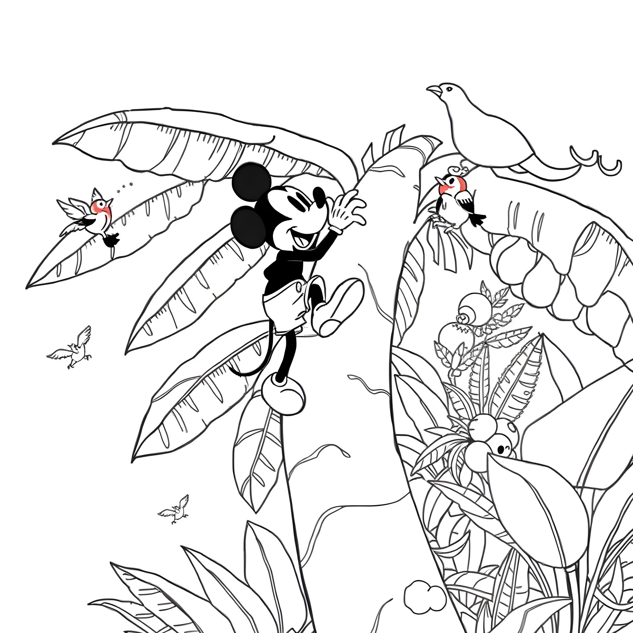 Mickey Mouse exploring the tropical jungle landscape Coloring Page (free black-and-white line drawing printable PDF for all, from beginners to advanced learners, including children, teens, adults, and seniors)