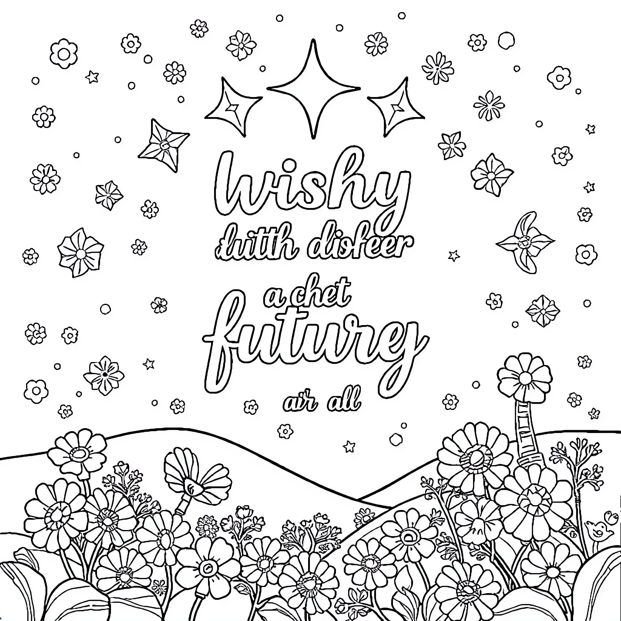 AI Artwork with Floral Motifs and Inspirational Text Coloring Page (free black-and-white line drawing printable PDF for all, from beginners to advanced learners, including children, teens, adults, and seniors)