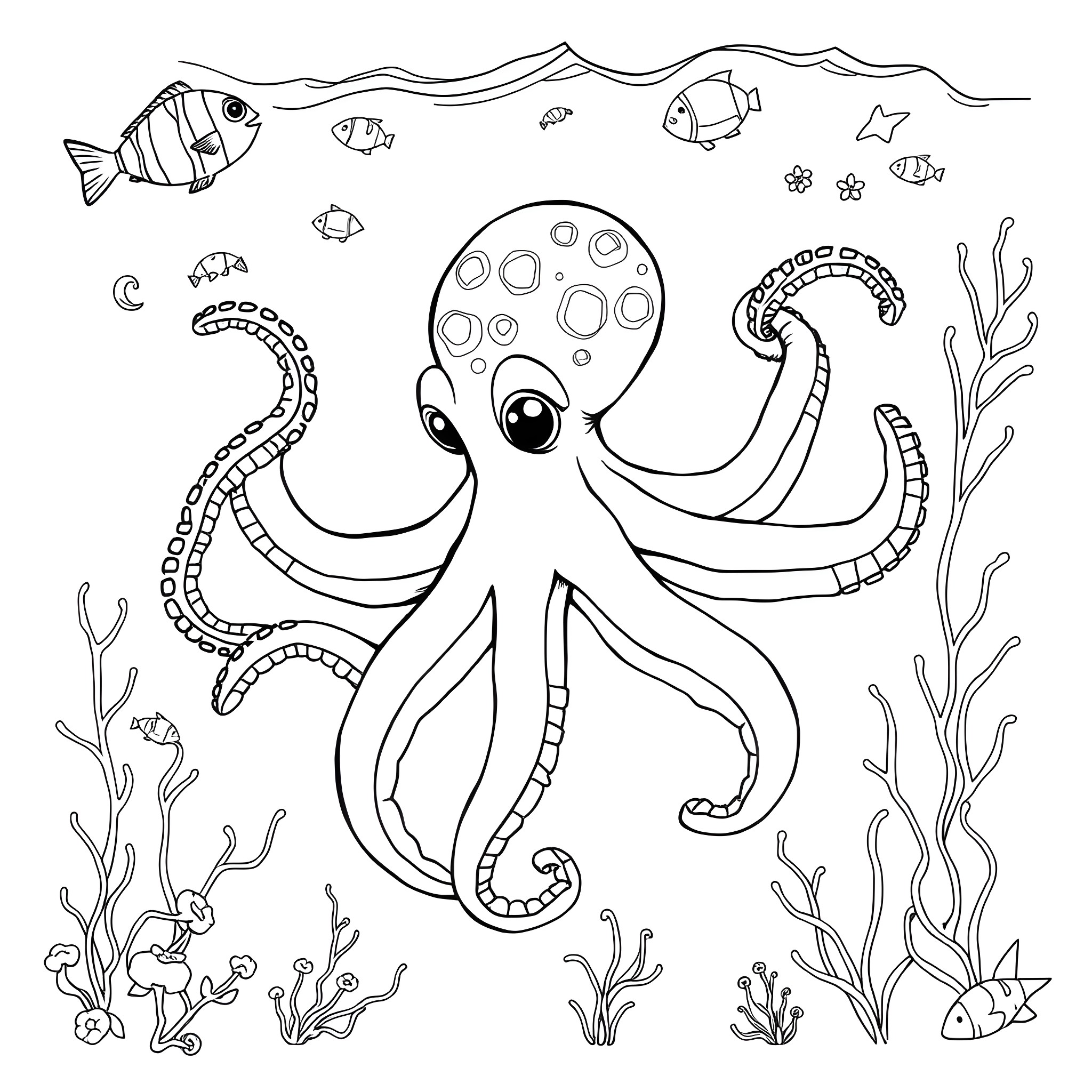 Flapjack Octopus exploring the underwater world Coloring Page (free black-and-white line drawing printable PDF for all, from beginners to advanced learners, including children, teens, adults, and seniors)