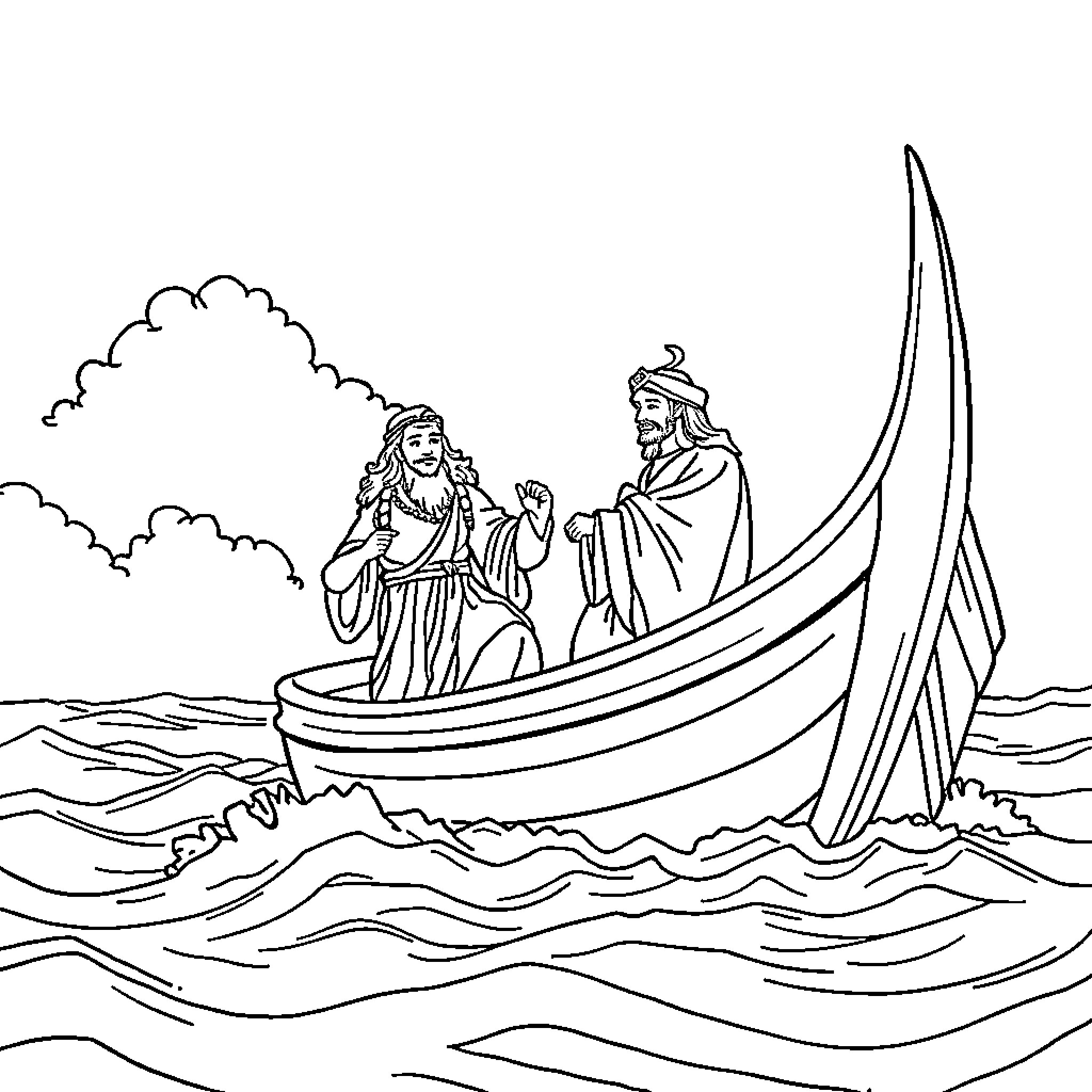 Moisés commanding waves on the sea Coloring Page (free black-and-white line drawing printable PDF for all, from beginners to advanced learners, including children, teens, adults, and seniors)