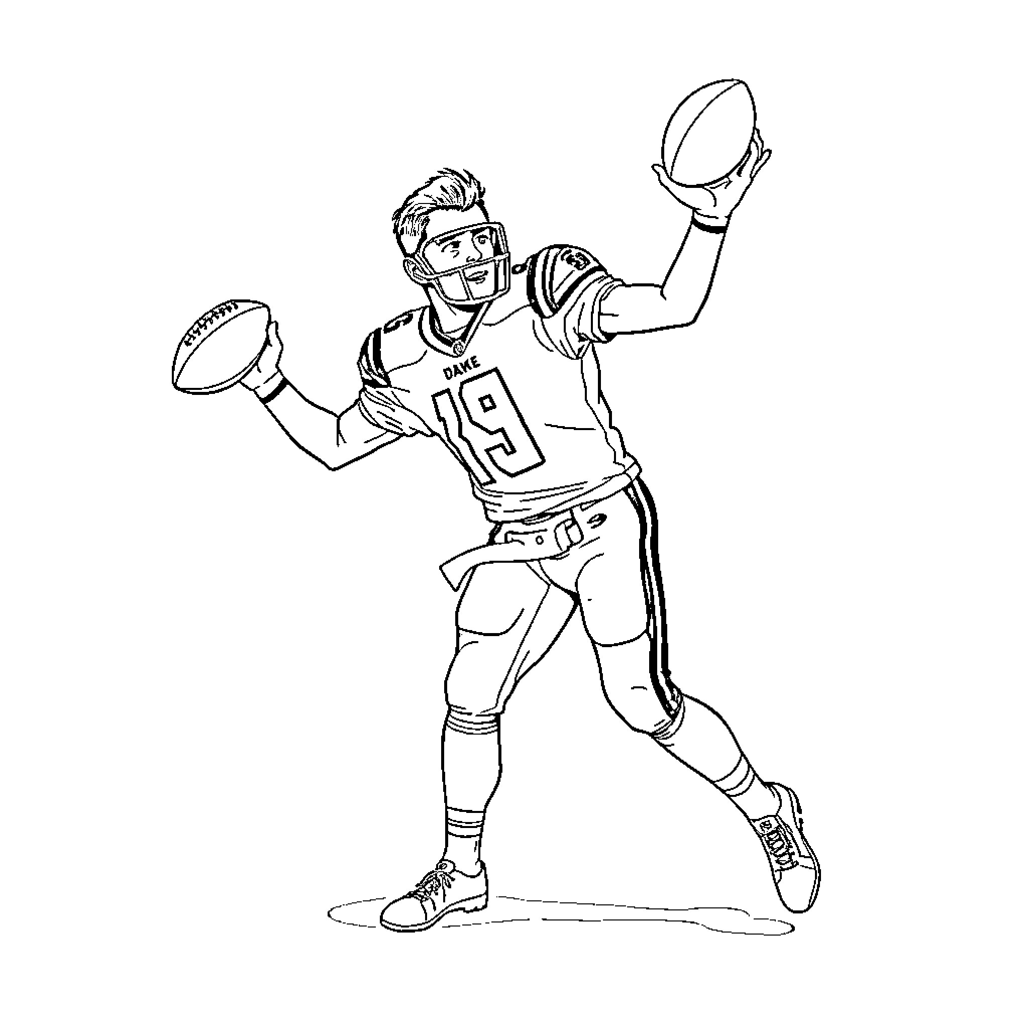 Drake Maye Celebrating Football Victory Coloring Page (free black-and-white line drawing printable PDF for all, from beginners to advanced learners, including children, teens, adults, and seniors)