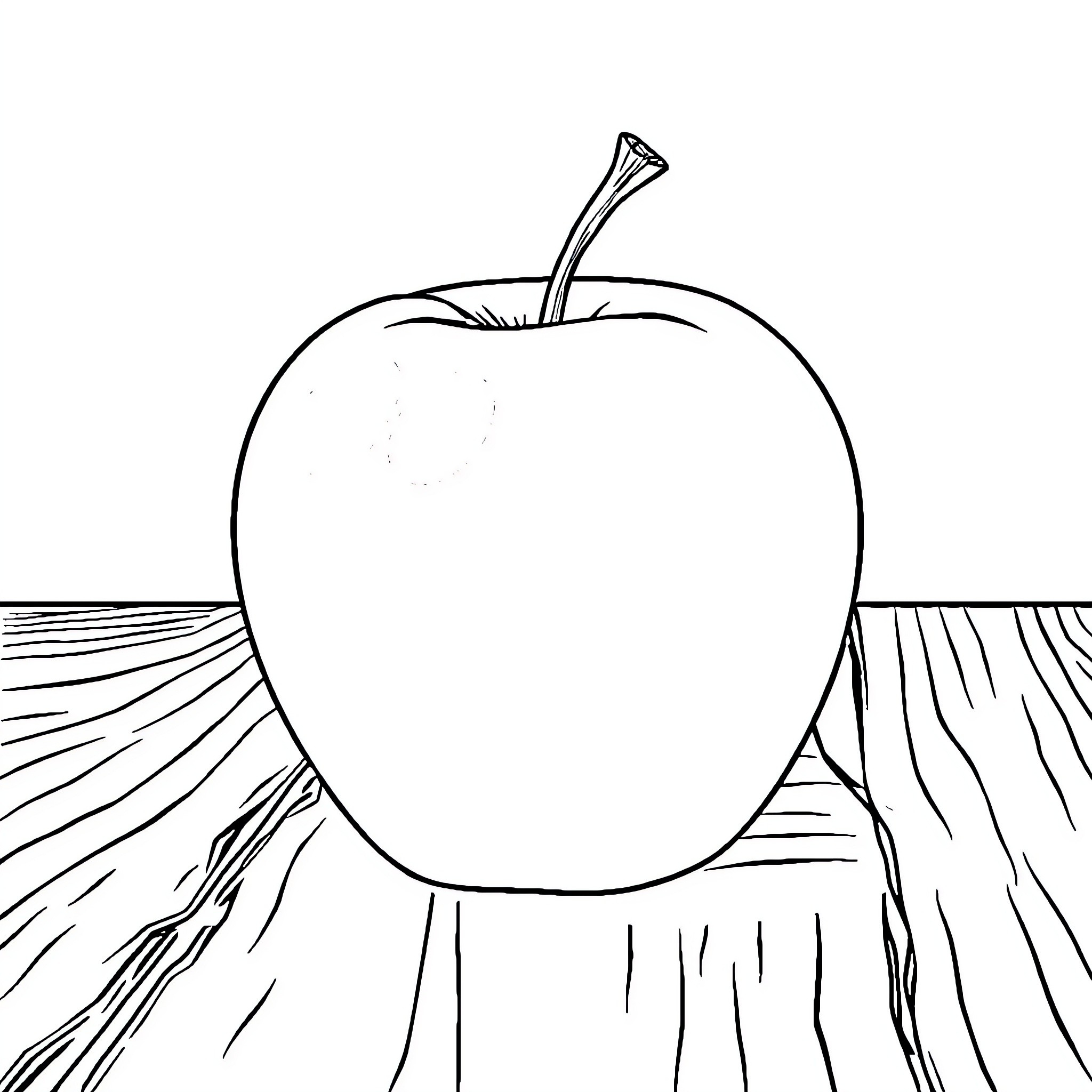 Apple on Rustic Wooden Surface Coloring Page (free black-and-white line drawing printable PDF for all, from beginners to advanced learners, including children, teens, adults, and seniors)