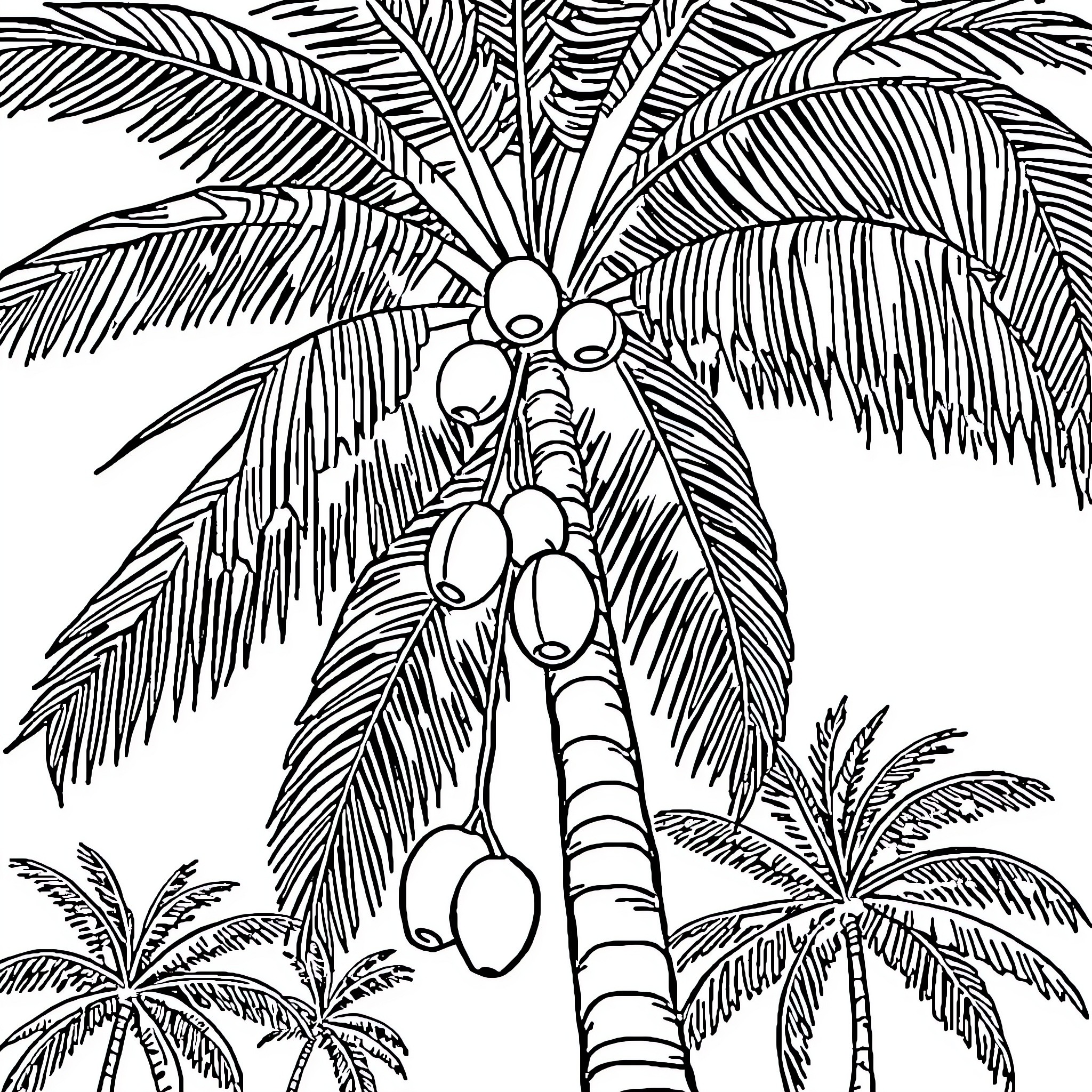 Palm Tree with Coconuts in Tropical Landscape Coloring Page (free black-and-white line drawing printable PDF for all, from beginners to advanced learners, including children, teens, adults, and seniors)