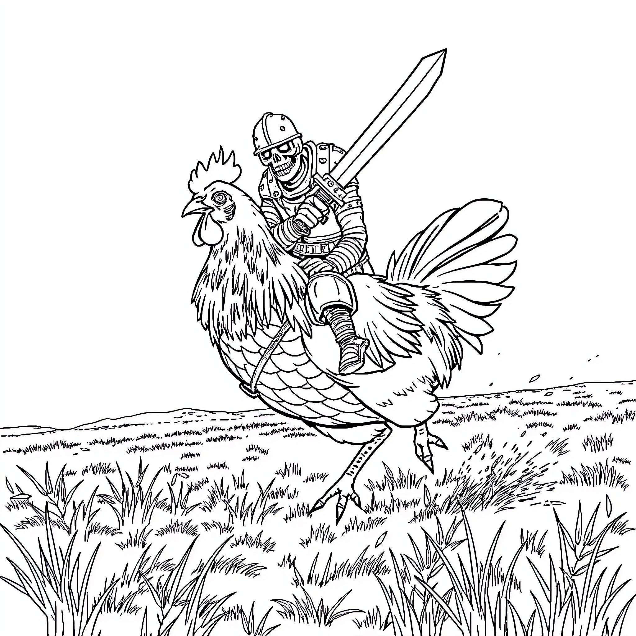Chicken Warrior Battles on Grass Field Coloring Page (free black-and-white line drawing printable PDF for all, from beginners to advanced learners, including children, teens, adults, and seniors)