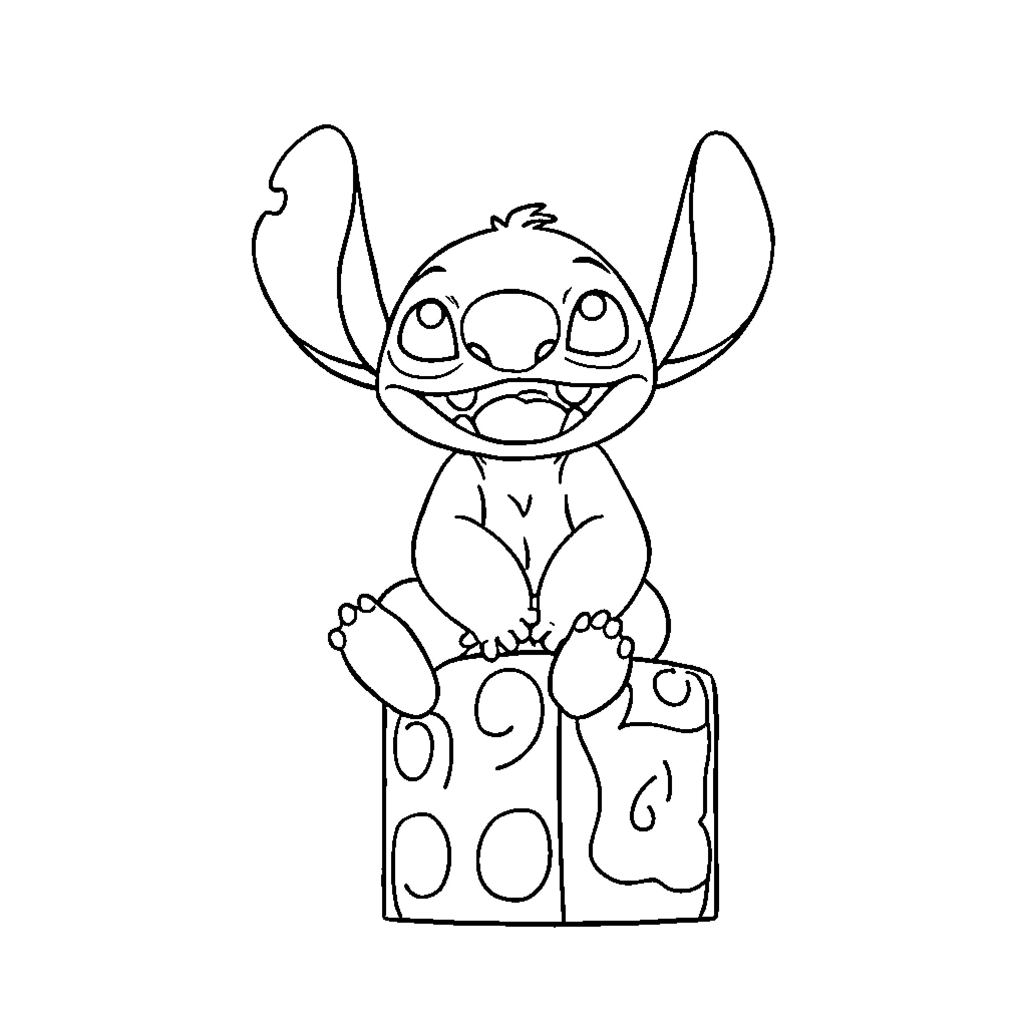 Stitch sitting on a spotted present Coloring Page (free black-and-white line drawing printable PDF for all, from beginners to advanced learners, including children, teens, adults, and seniors)