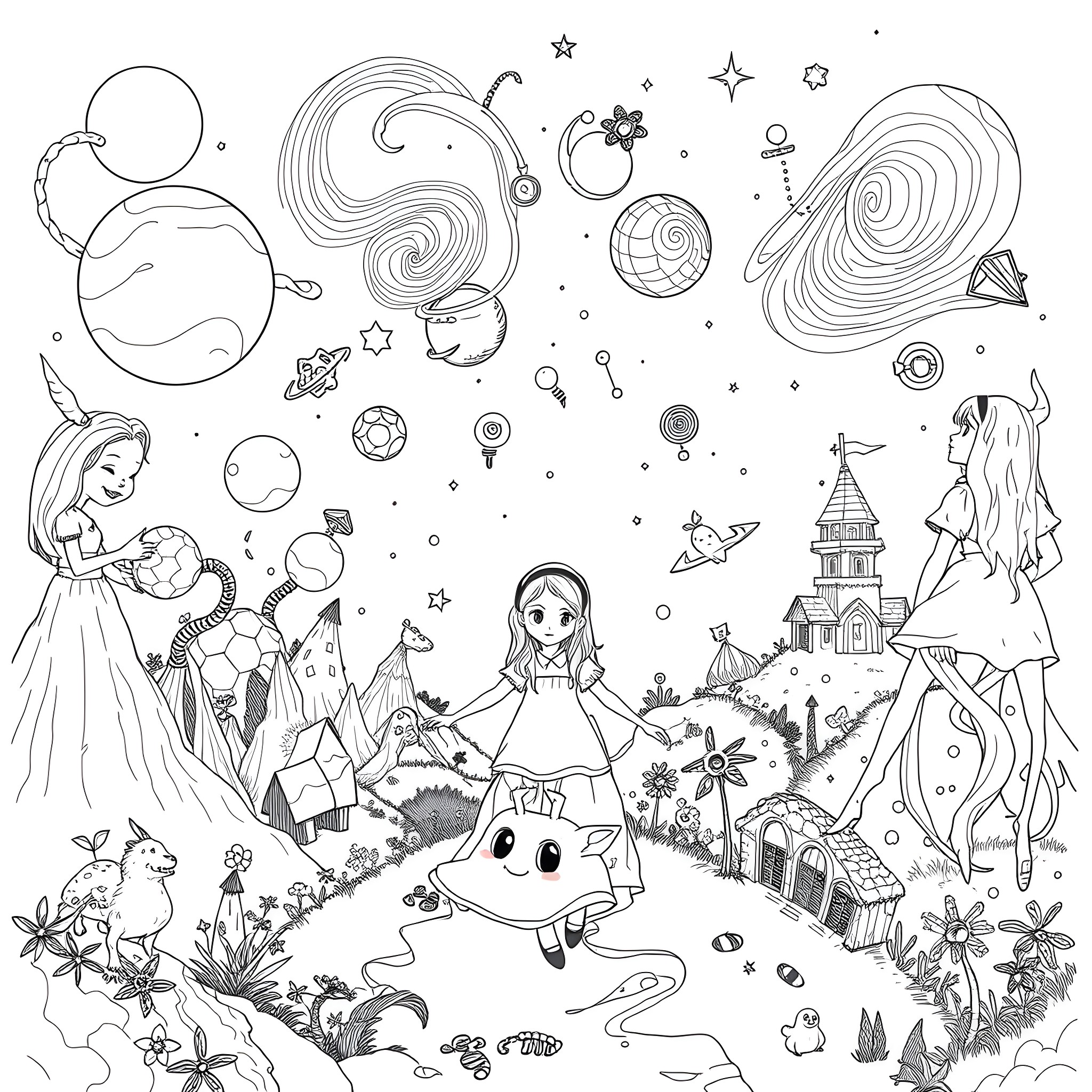 Alice's Enchanting Wonderland Adventure Coloring Page (free black-and-white line drawing printable PDF for all, from beginners to advanced learners, including children, teens, adults, and seniors)