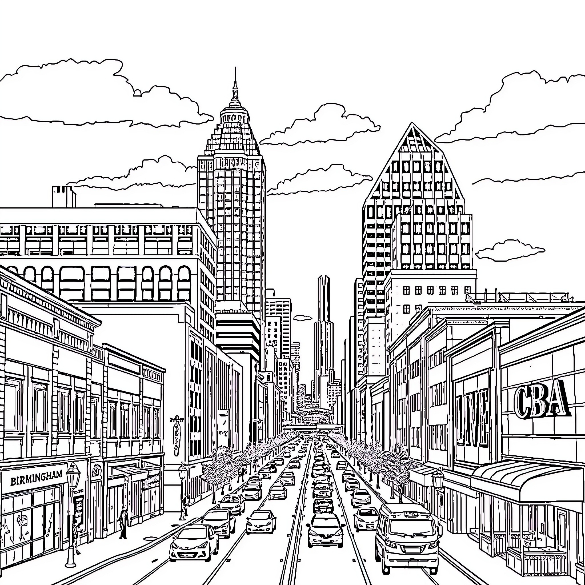 City street with skyscrapers and busy traffic Coloring Page (free black-and-white line drawing printable PDF for all, from beginners to advanced learners, including children, teens, adults, and seniors)