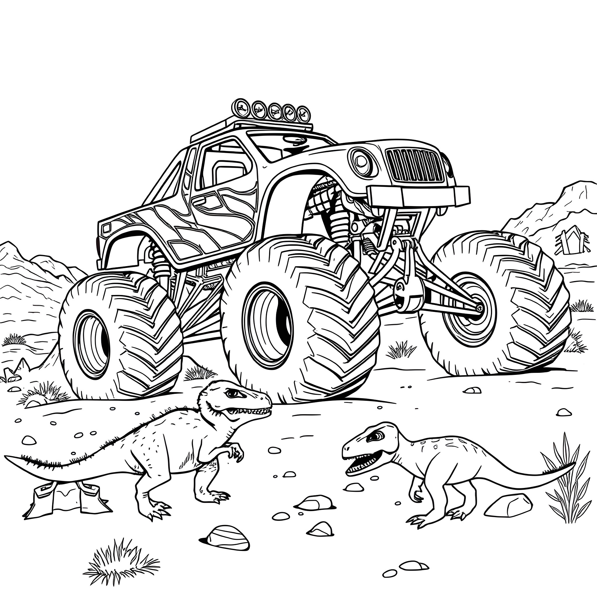 Gravedigger monster truck racing through the desert Coloring Page (free black-and-white line drawing printable PDF for all, from beginners to advanced learners, including children, teens, adults, and seniors)