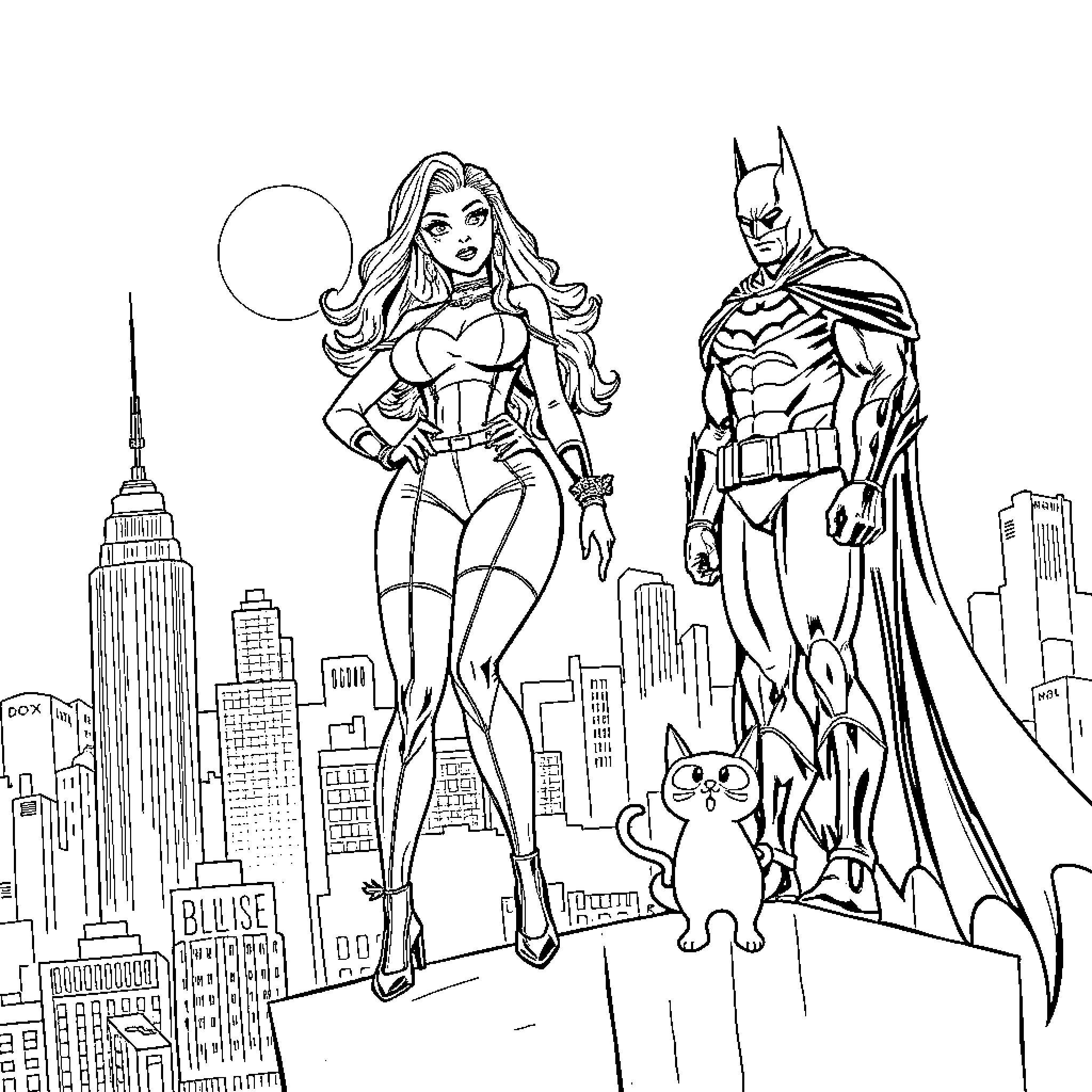 Nicki Minaj and Batman fight crime in the city Coloring Page (free black-and-white line drawing printable PDF for all, from beginners to advanced learners, including children, teens, adults, and seniors)