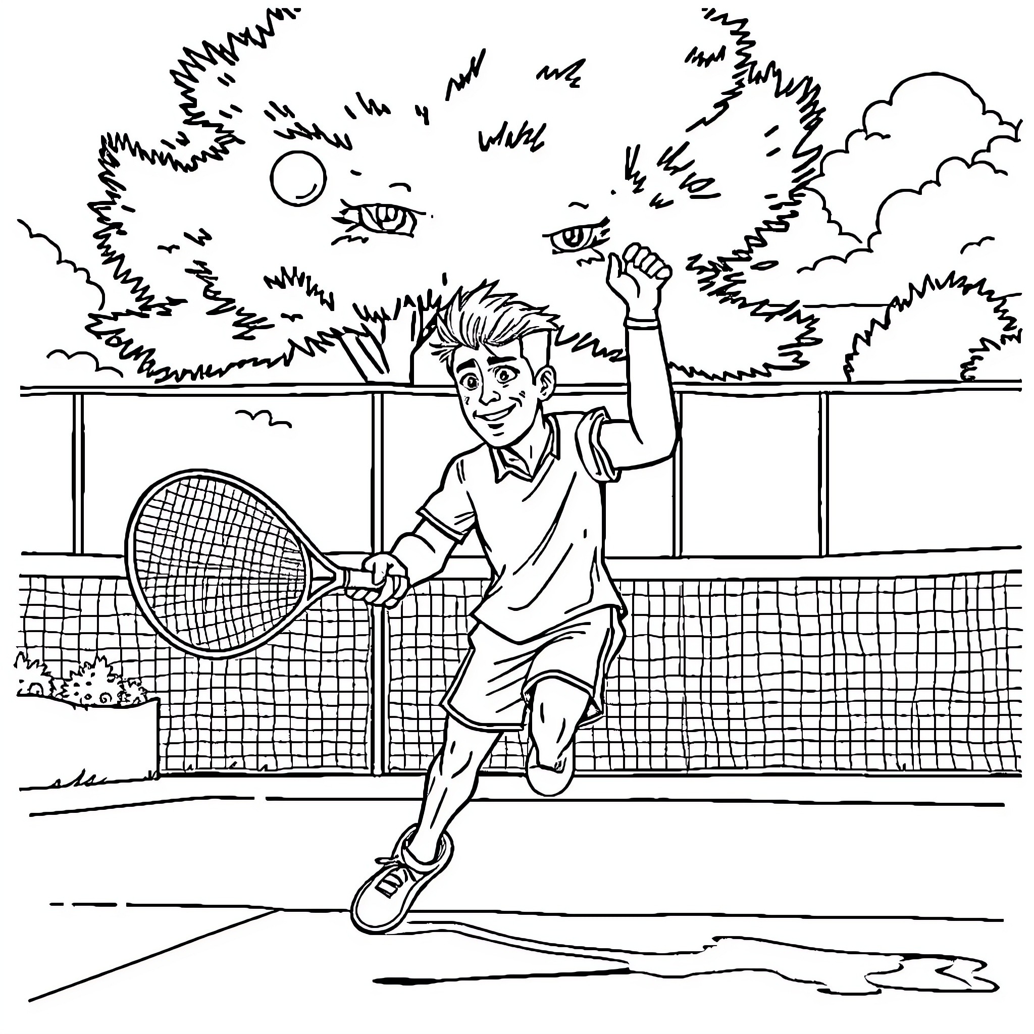 Ronaldo playing tennis with excitement on the court Coloring Page (free black-and-white line drawing printable PDF for all, from beginners to advanced learners, including children, teens, adults, and seniors)