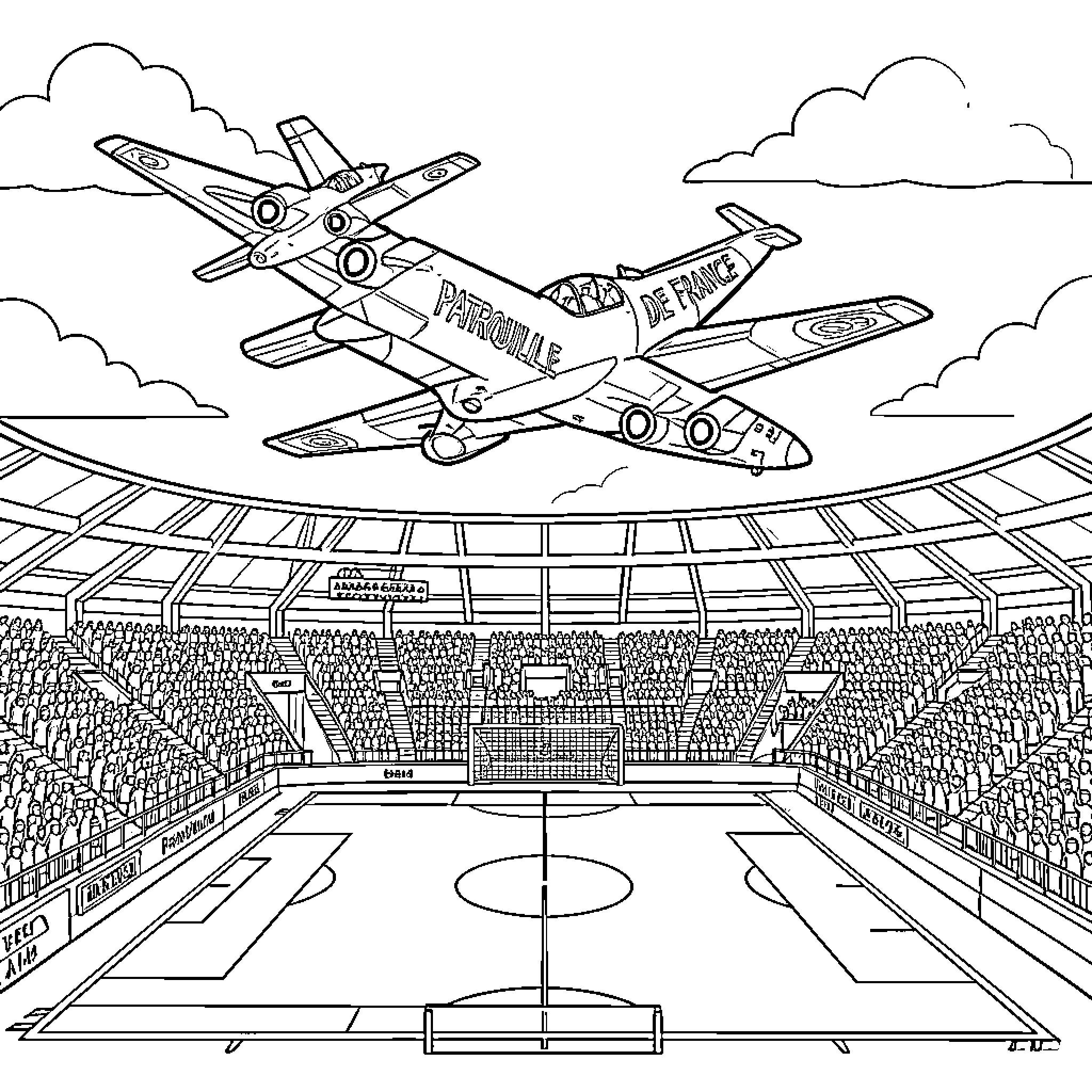 Aircraft flying over a crowded sports stadium Coloring Page (free black-and-white line drawing printable PDF for all, from beginners to advanced learners, including children, teens, adults, and seniors)