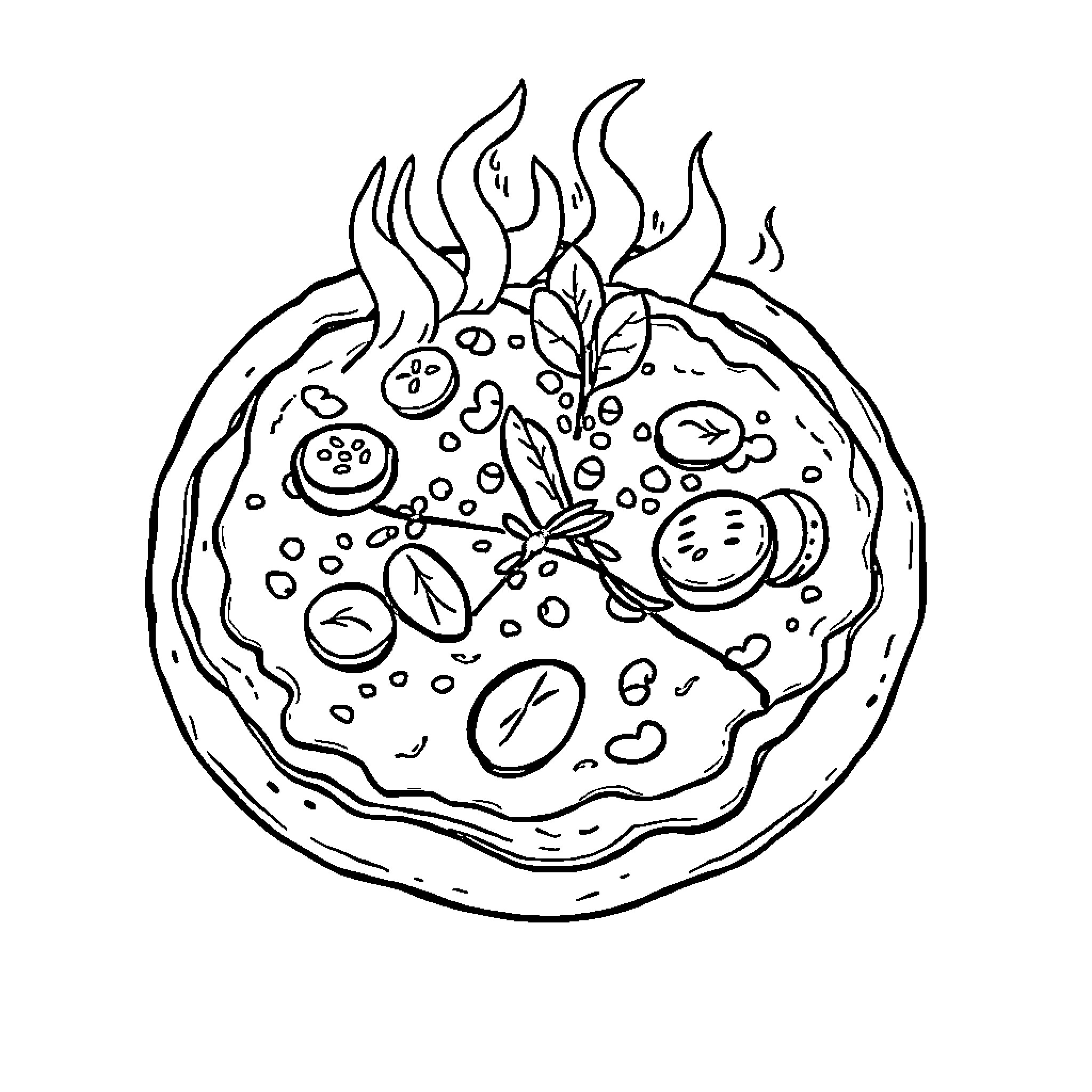 Pizza with Vibrant Toppings and Flames Coloring Page (free black-and-white line drawing printable PDF for all, from beginners to advanced learners, including children, teens, adults, and seniors)