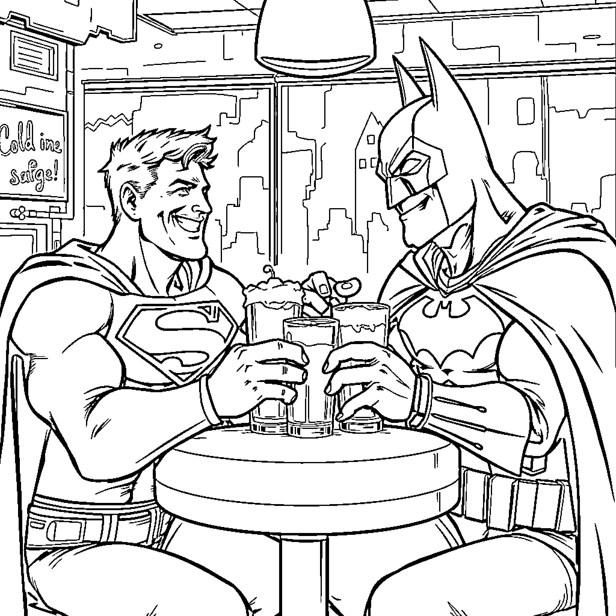 Superman and Batman Enjoying Drinks Together Coloring Page (free black-and-white line drawing printable PDF for all, from beginners to advanced learners, including children, teens, adults, and seniors)