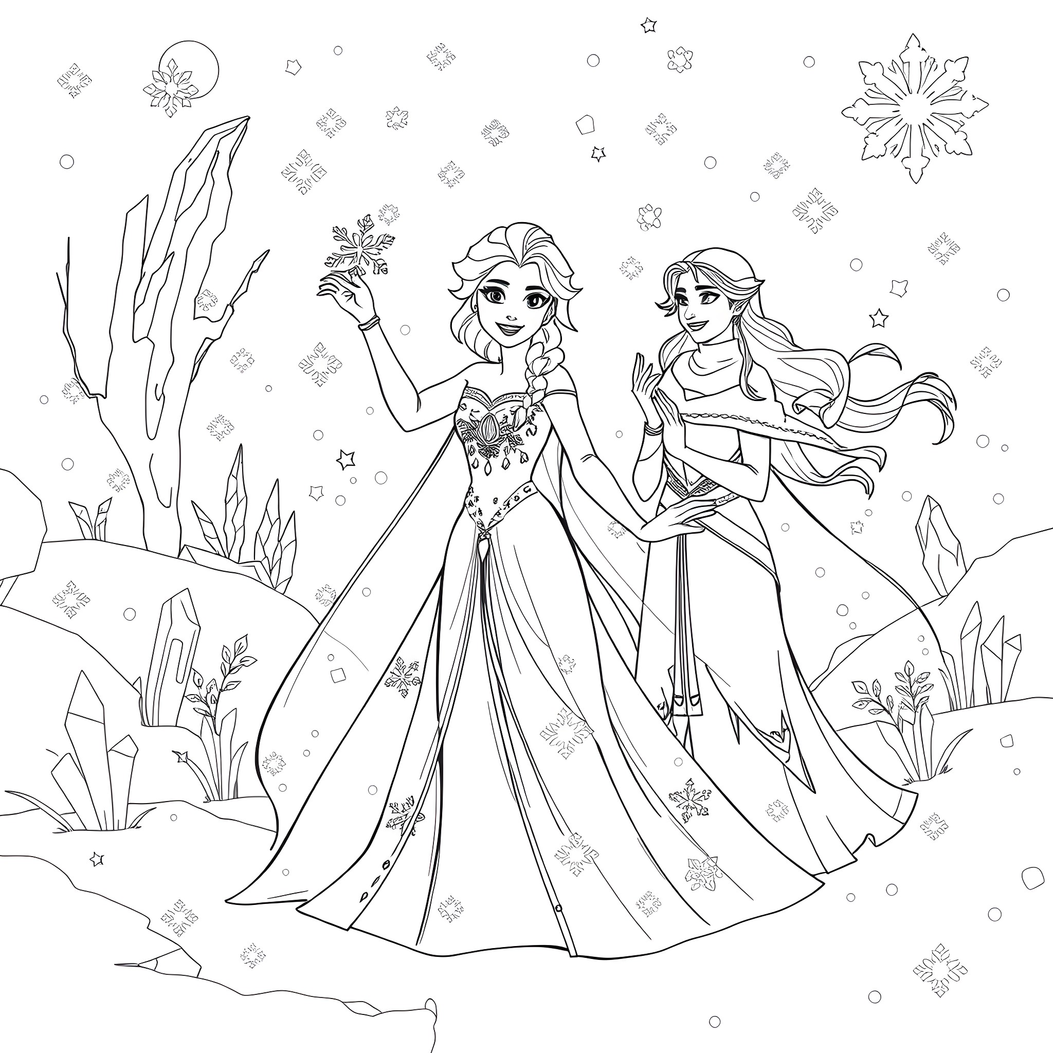 Elsa and Anna in a Magical Winter Wonderland Coloring Page (free black-and-white line drawing printable PDF for all, from beginners to advanced learners, including children, teens, adults, and seniors)