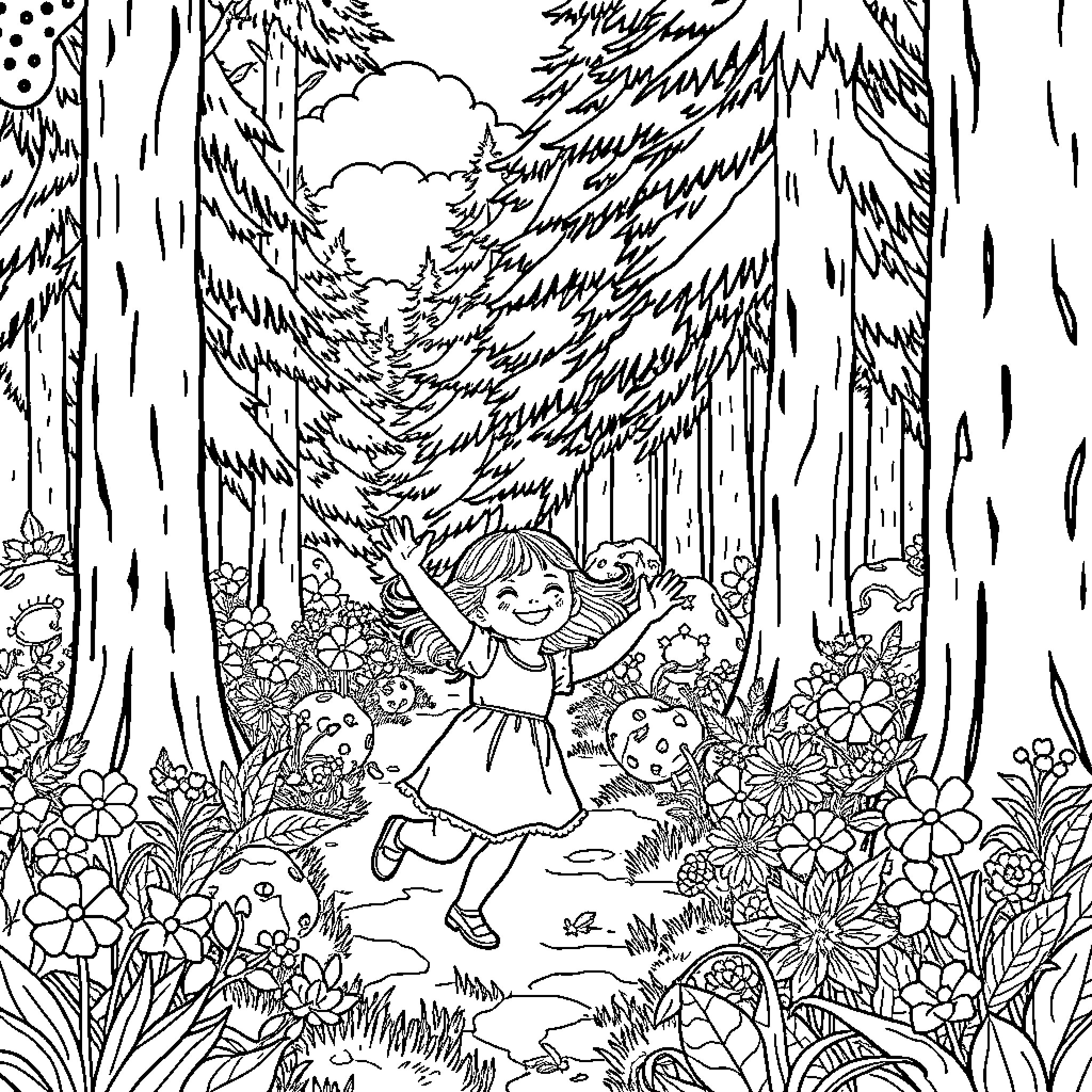 Girl exploring enchanting forest with mushrooms and flowers Coloring Page (free black-and-white line drawing printable PDF for all, from beginners to advanced learners, including children, teens, adults, and seniors)
