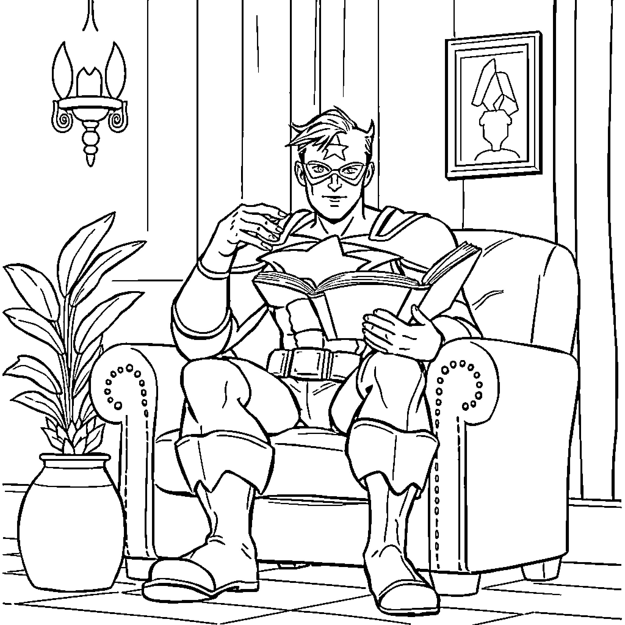 Captain America reading a book in his living room Coloring Page (free black-and-white line drawing printable PDF for all, from beginners to advanced learners, including children, teens, adults, and seniors)