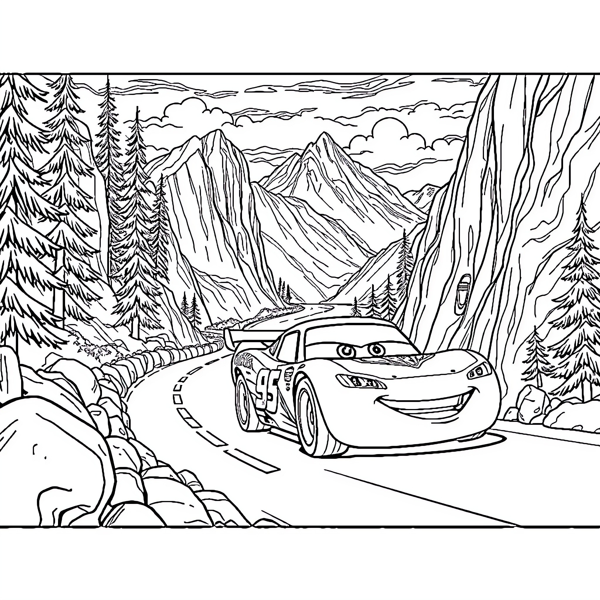 Lightning McQueen driving through a mountainous landscape Coloring Page (free black-and-white line drawing printable PDF for all, from beginners to advanced learners, including children, teens, adults, and seniors)
