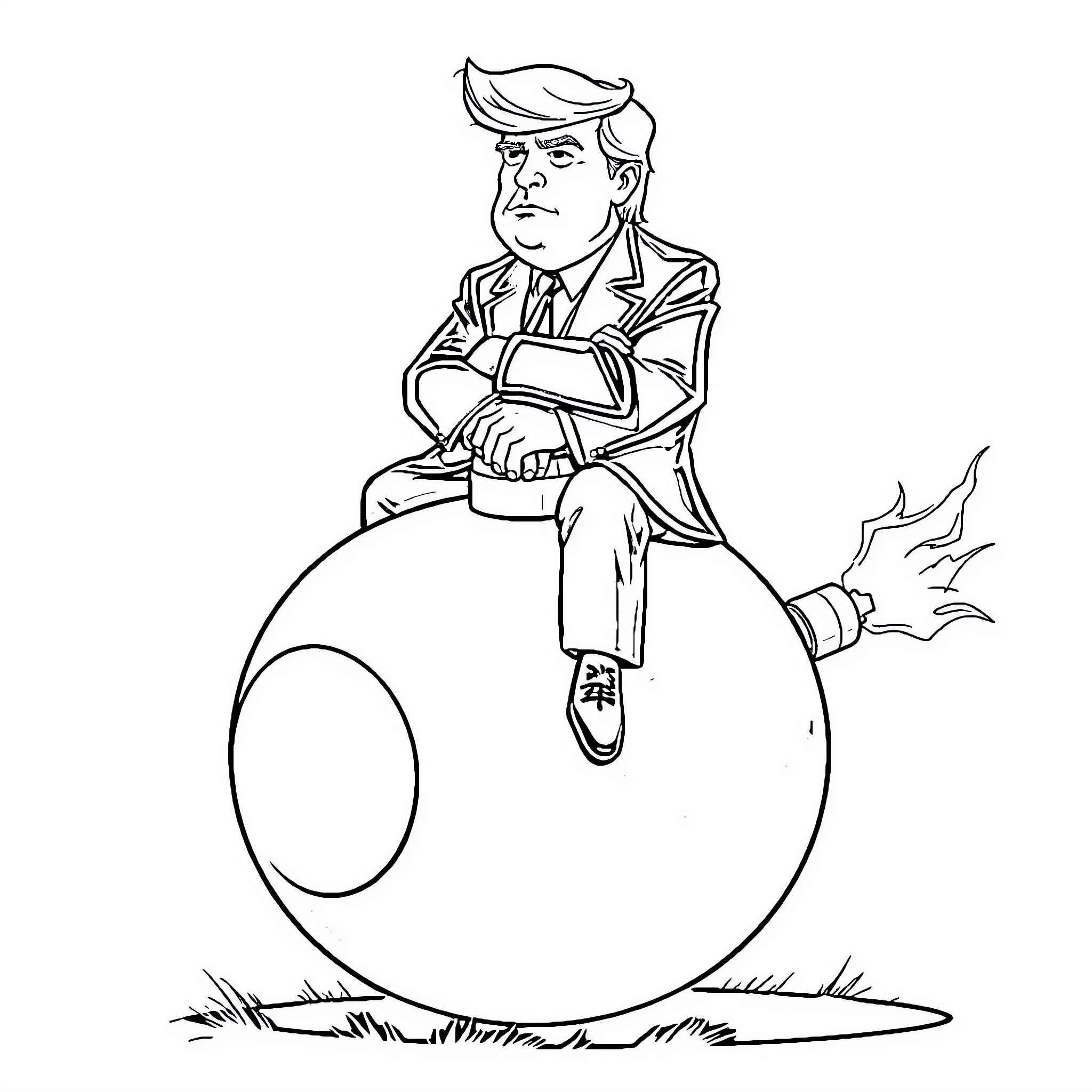 Donald Trump sitting on a large sphere Coloring Page (free black-and-white line drawing printable PDF for all, from beginners to advanced learners, including children, teens, adults, and seniors)
