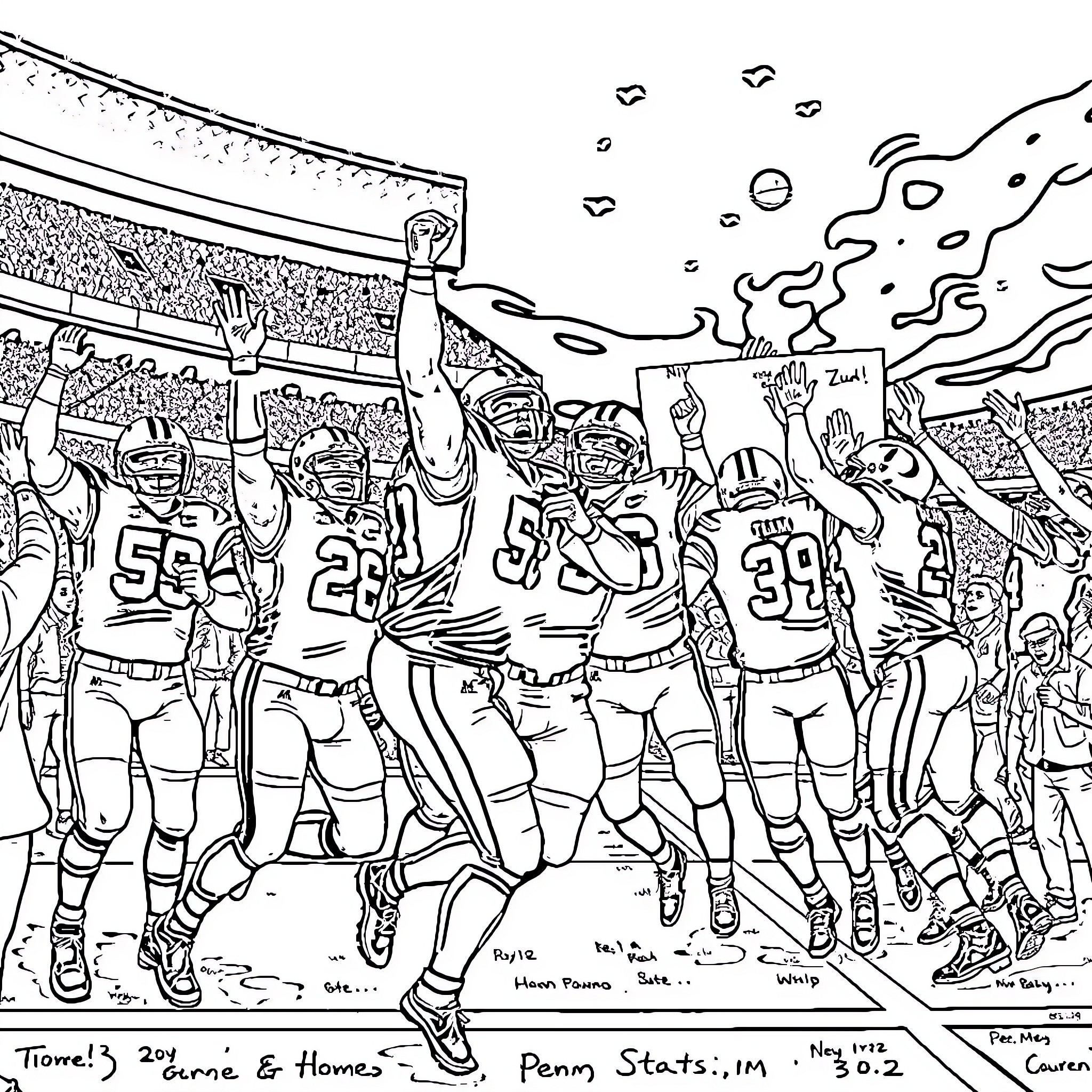 Football players celebrating victory on the field Coloring Page (free black-and-white line drawing printable PDF for all, from beginners to advanced learners, including children, teens, adults, and seniors)