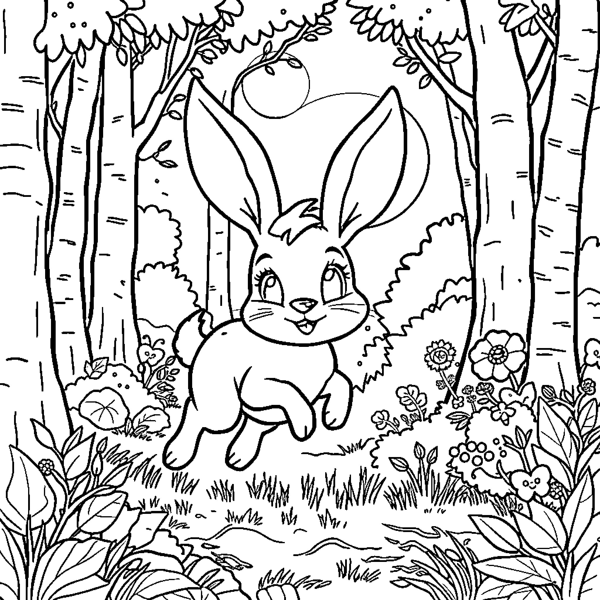 Jackalope frolicking in a magical forest Coloring Page (free black-and-white line drawing printable PDF for all, from beginners to advanced learners, including children, teens, adults, and seniors)