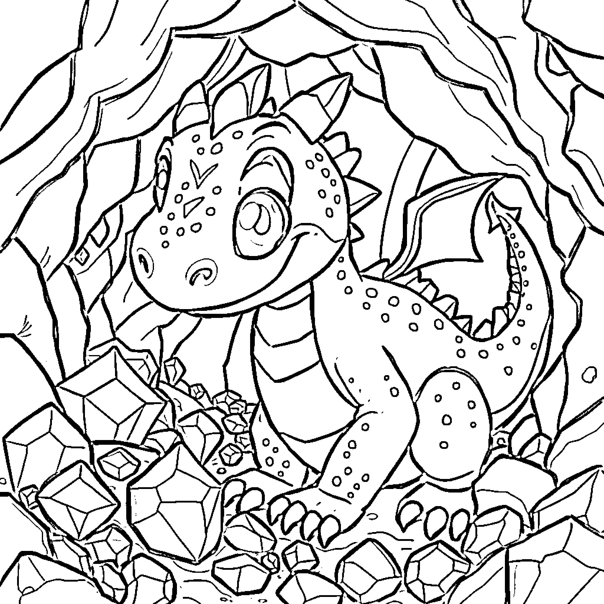 Dragon Exploring a Mystical Crystal Cave Coloring Page (free black-and-white line drawing printable PDF for all, from beginners to advanced learners, including children, teens, adults, and seniors)