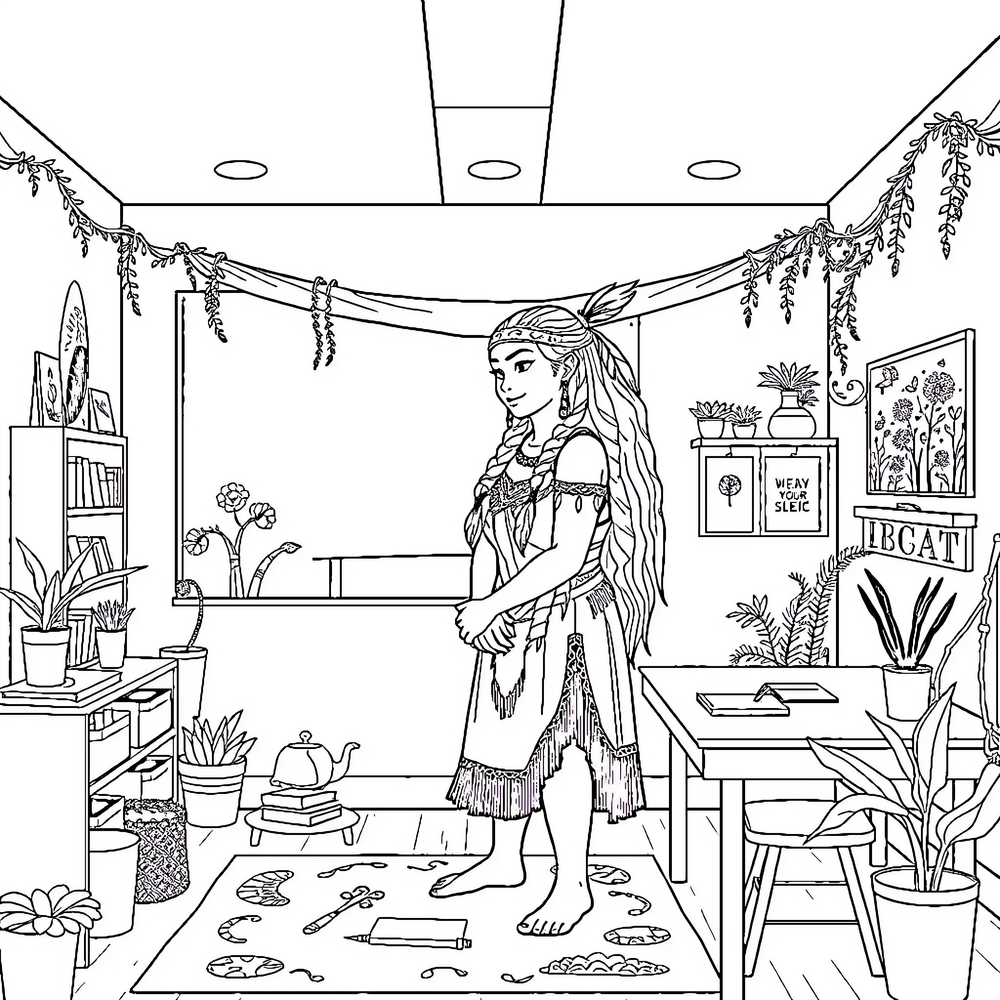 Pocahontas exploring and interacting with her natural surroundings Coloring Page (free black-and-white line drawing printable PDF for all, from beginners to advanced learners, including children, teens, adults, and seniors)