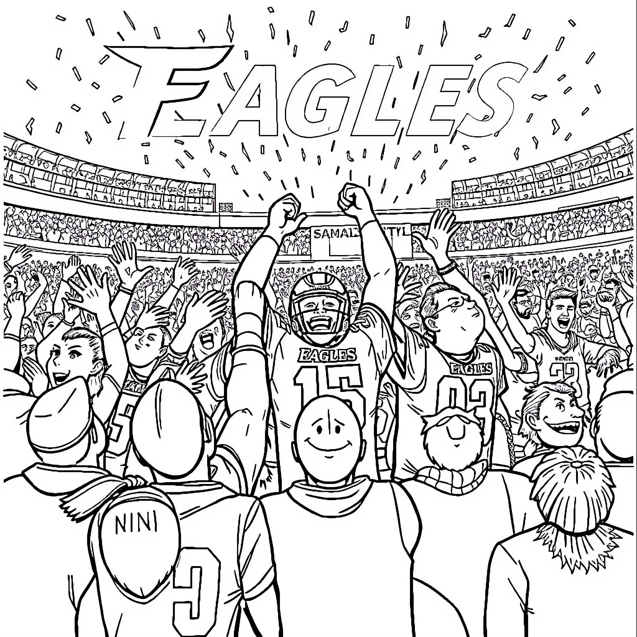Philadelphia Eagles Fans Celebrating Victory in Stadium Coloring Page (free black-and-white line drawing printable PDF for all, from beginners to advanced learners, including children, teens, adults, and seniors)