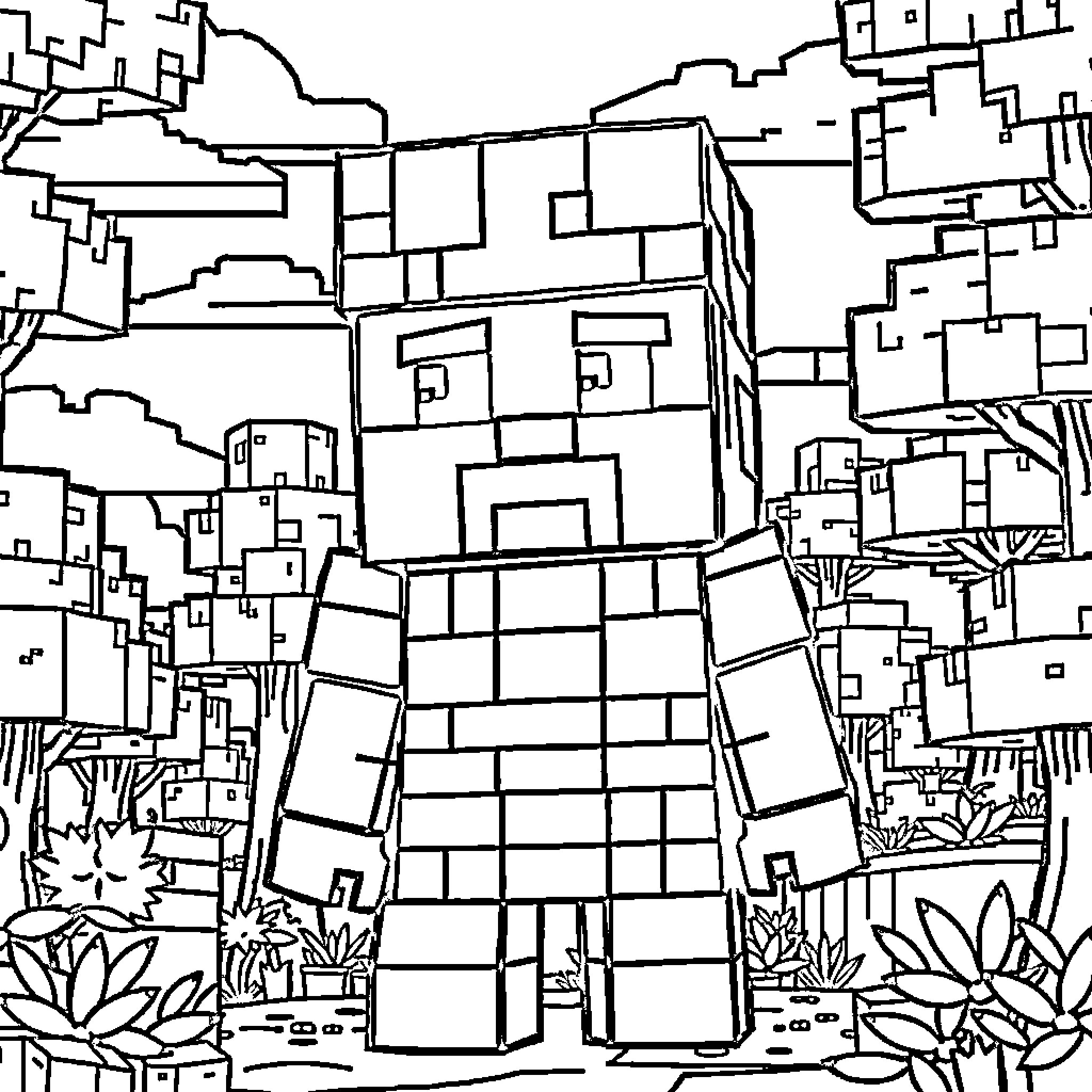Minecraft Character in Blocky Outdoor Scene Coloring Page (free black-and-white line drawing printable PDF for all, from beginners to advanced learners, including children, teens, adults, and seniors)