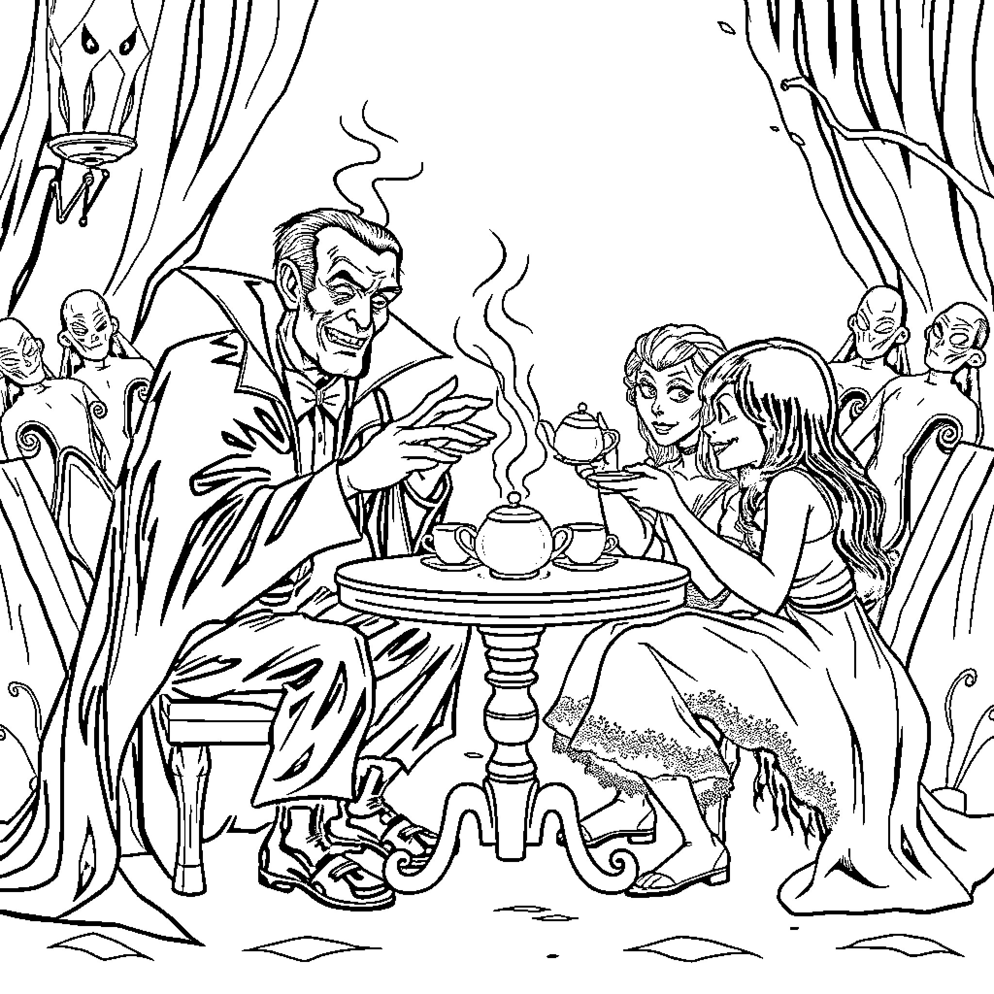 Horror Villain Drinking Tea with Peculiar Guests Coloring Page (free black-and-white line drawing printable PDF for all, from beginners to advanced learners, including children, teens, adults, and seniors)