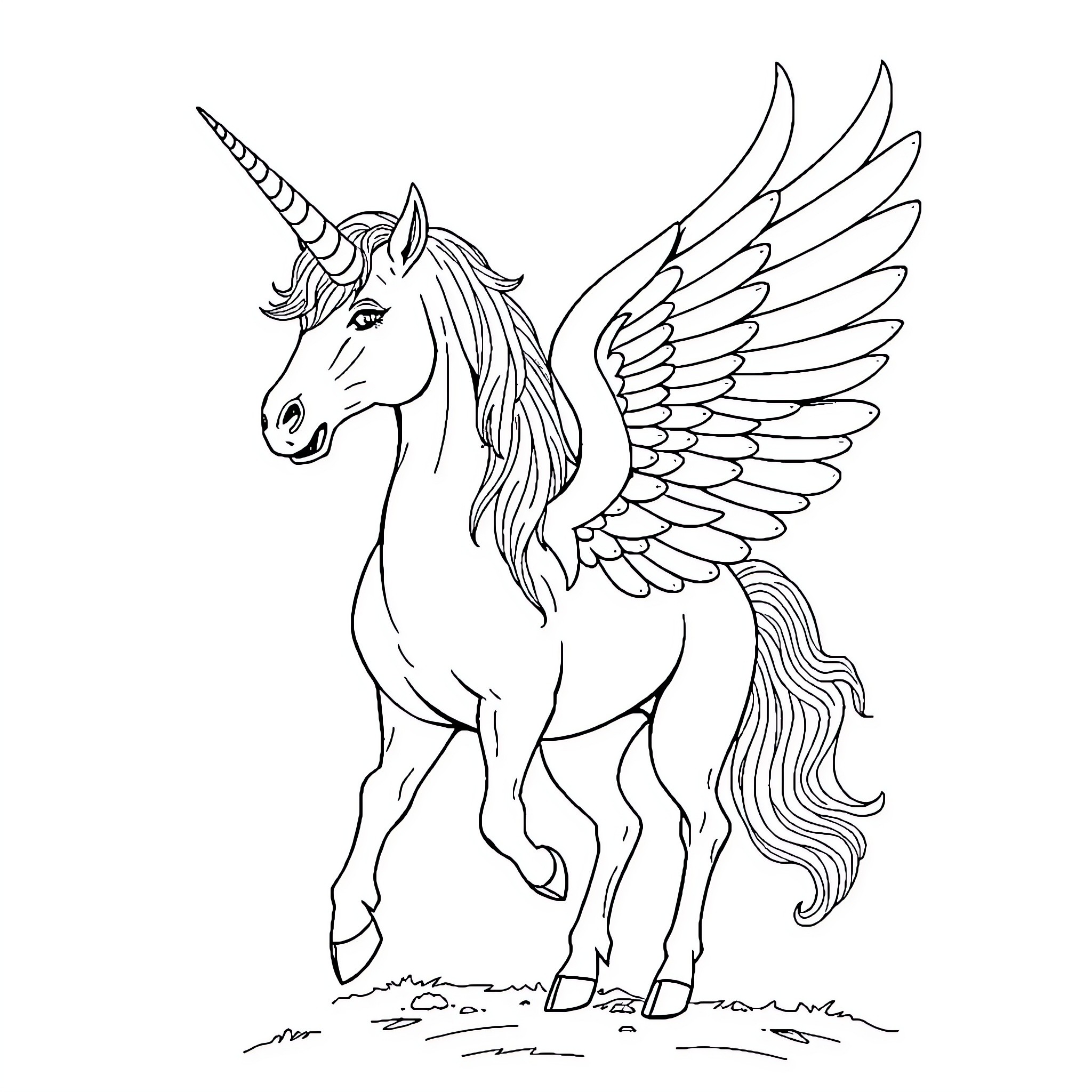 Pegasus unicorn with majestic wings in motion Coloring Page (free black-and-white line drawing printable PDF for all, from beginners to advanced learners, including children, teens, adults, and seniors)