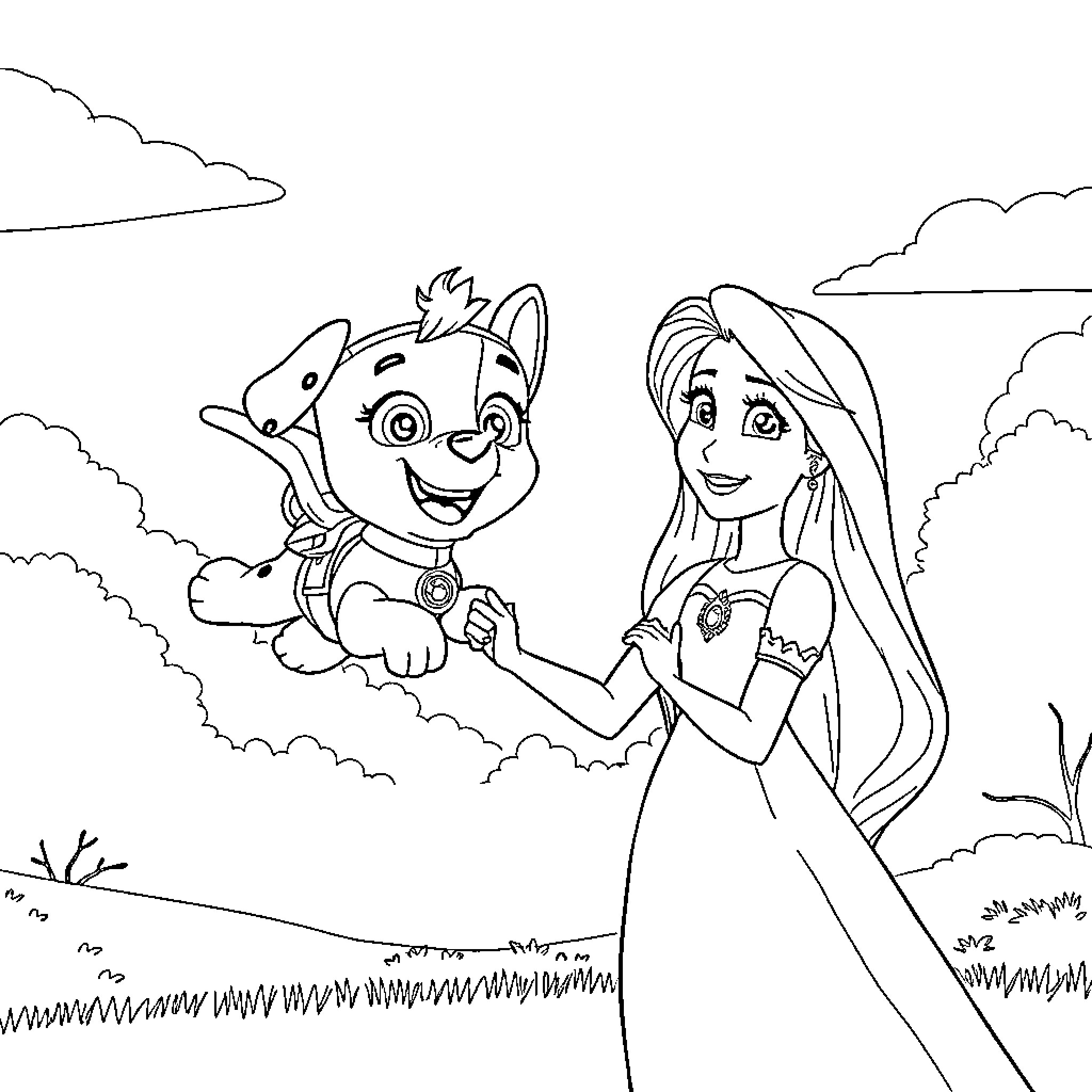 Rapunzel and her Puppy Companion Explore the Outdoors Coloring Page (free black-and-white line drawing printable PDF for all, from beginners to advanced learners, including children, teens, adults, and seniors)