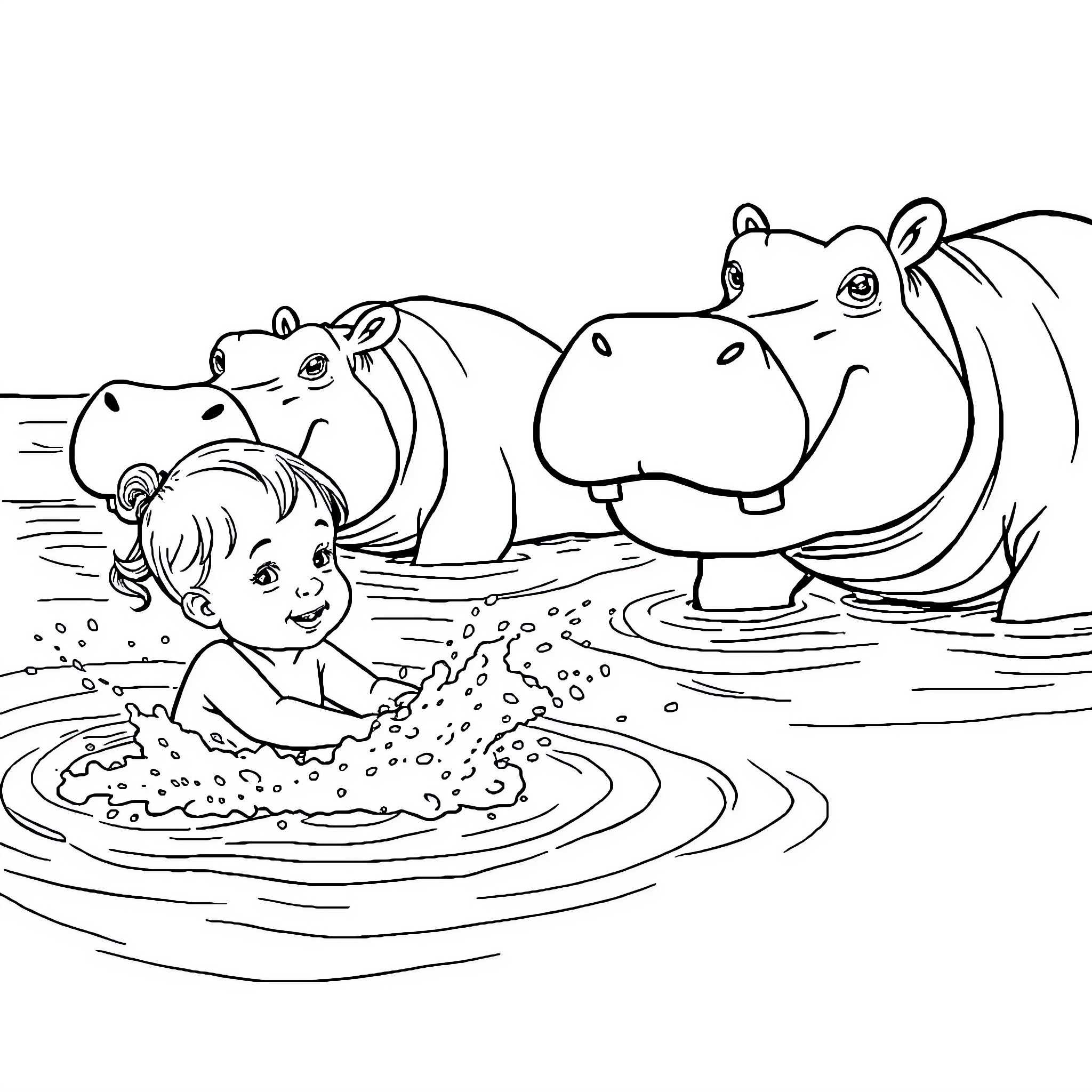 Baby Girl Happily Playing with Hippos in the Water Coloring Page (free black-and-white line drawing printable PDF for all, from beginners to advanced learners, including children, teens, adults, and seniors)