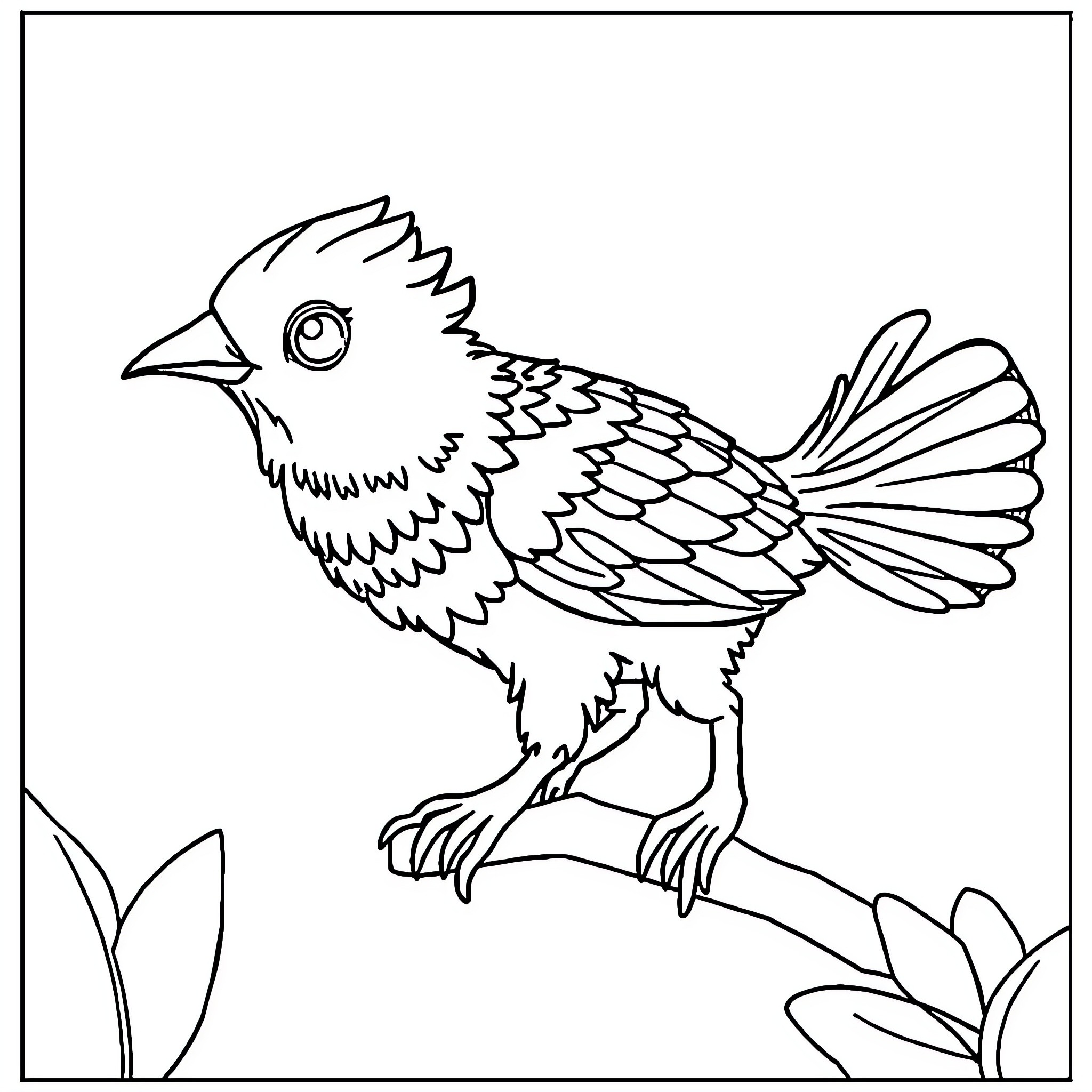 Tungtung Cartoon Bird on Leaf Branch Coloring Page (free black-and-white line drawing printable PDF for all, from beginners to advanced learners, including children, teens, adults, and seniors)