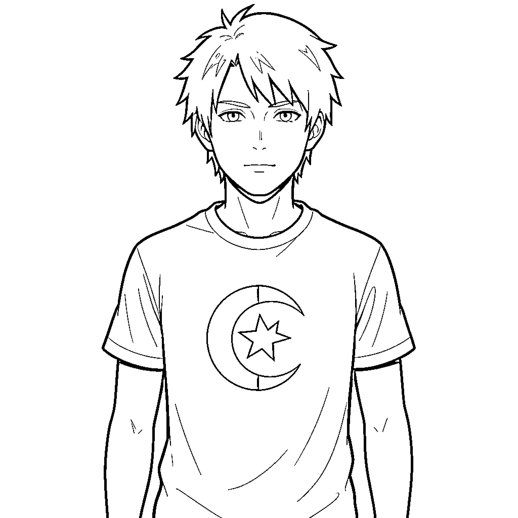 Eren wearing a graphic t-shirt with a neutral expression Coloring Page (free black-and-white line drawing printable PDF for all, from beginners to advanced learners, including children, teens, adults, and seniors)