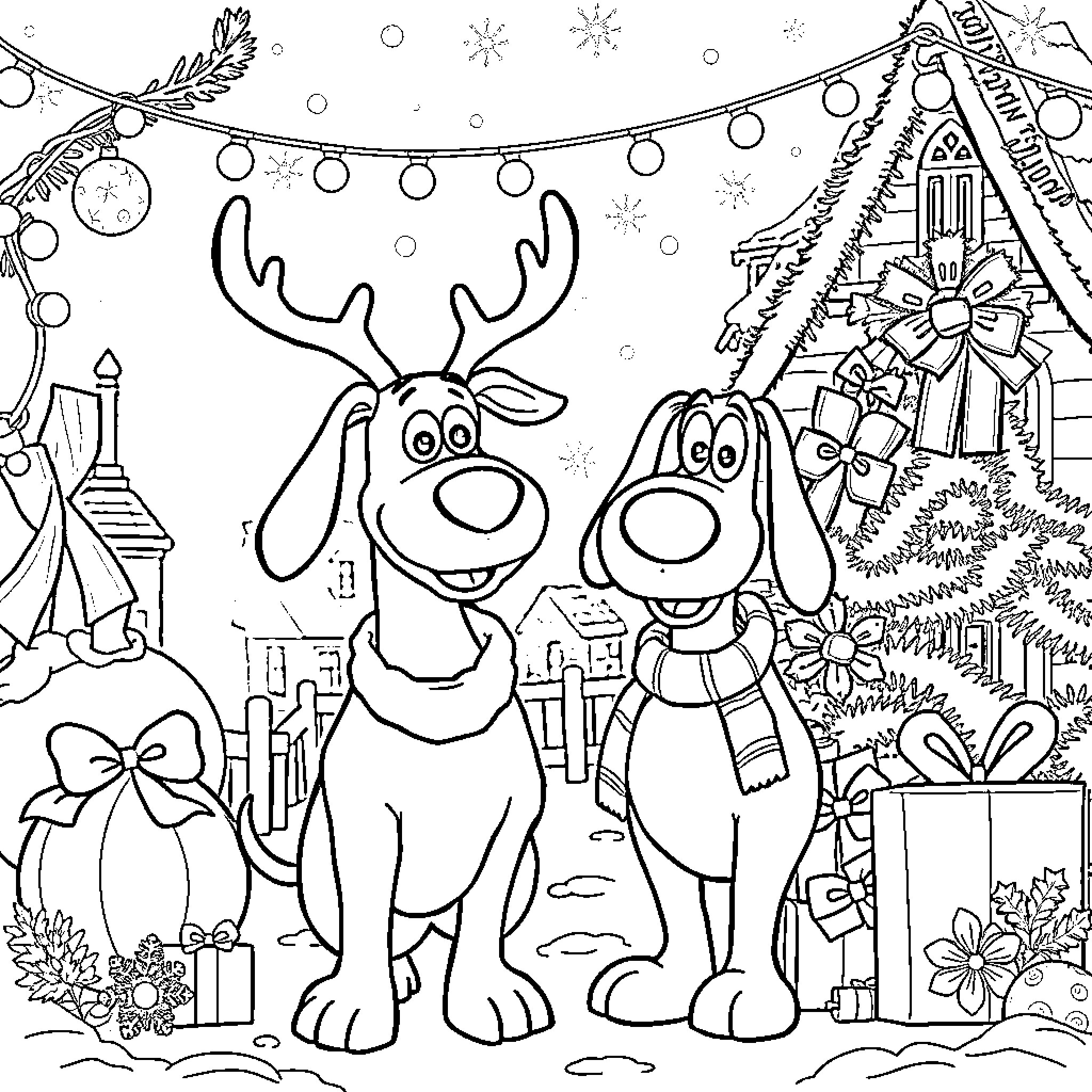 Reindeer and dog celebrating Christmas in winter wonderland Coloring Page (free black-and-white line drawing printable PDF for all, from beginners to advanced learners, including children, teens, adults, and seniors)