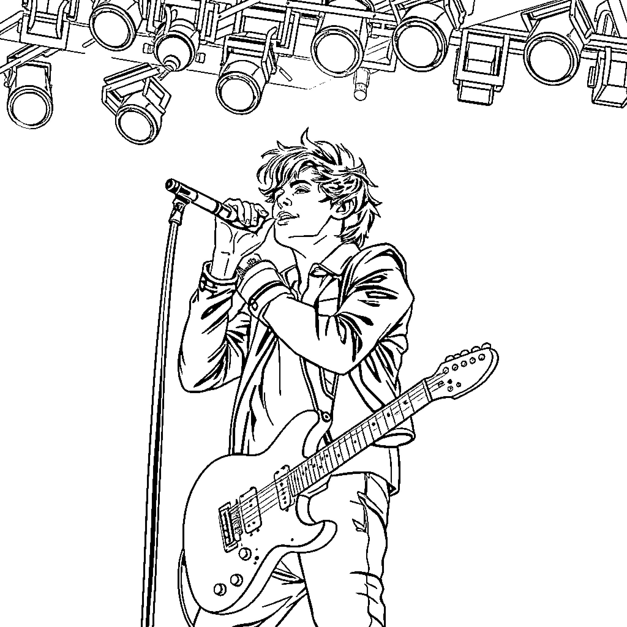 Harry Styles Performing on Stage with Guitar Coloring Page (free black-and-white line drawing printable PDF for all, from beginners to advanced learners, including children, teens, adults, and seniors)