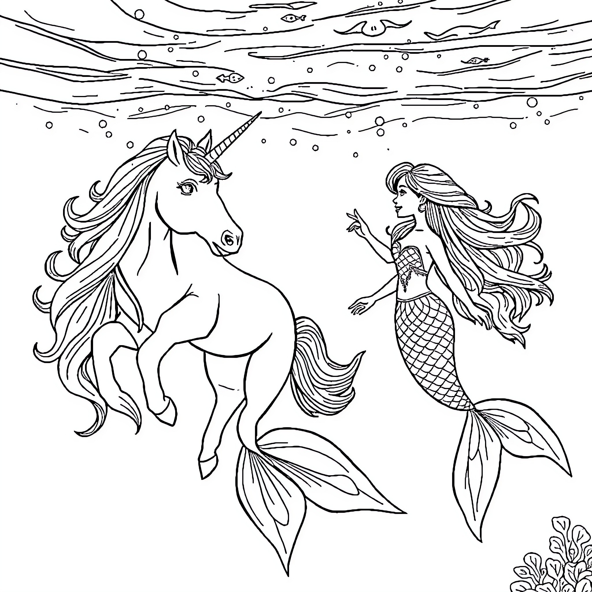 Unicorn and mermaid swimming together in the sea Coloring Page (free black-and-white line drawing printable PDF for all, from beginners to advanced learners, including children, teens, adults, and seniors)