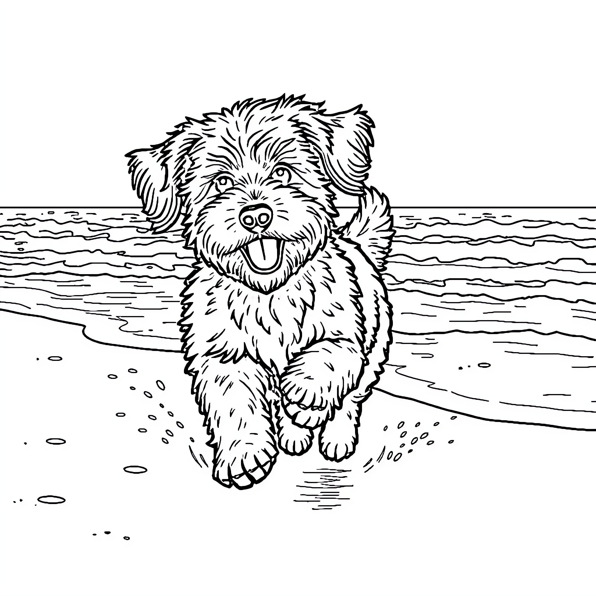 Dog playing happily in the shallow water Coloring Page (free black-and-white line drawing printable PDF for all, from beginners to advanced learners, including children, teens, adults, and seniors)