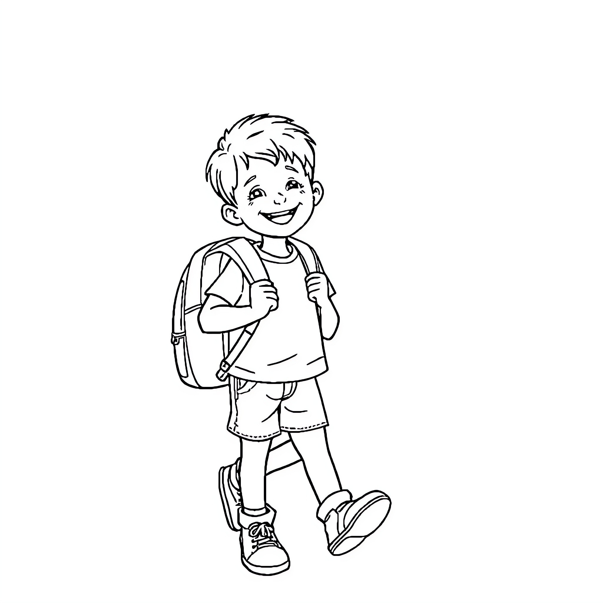 Child walking with backpack and smiling Coloring Page (free black-and-white line drawing printable PDF for all, from beginners to advanced learners, including children, teens, adults, and seniors)