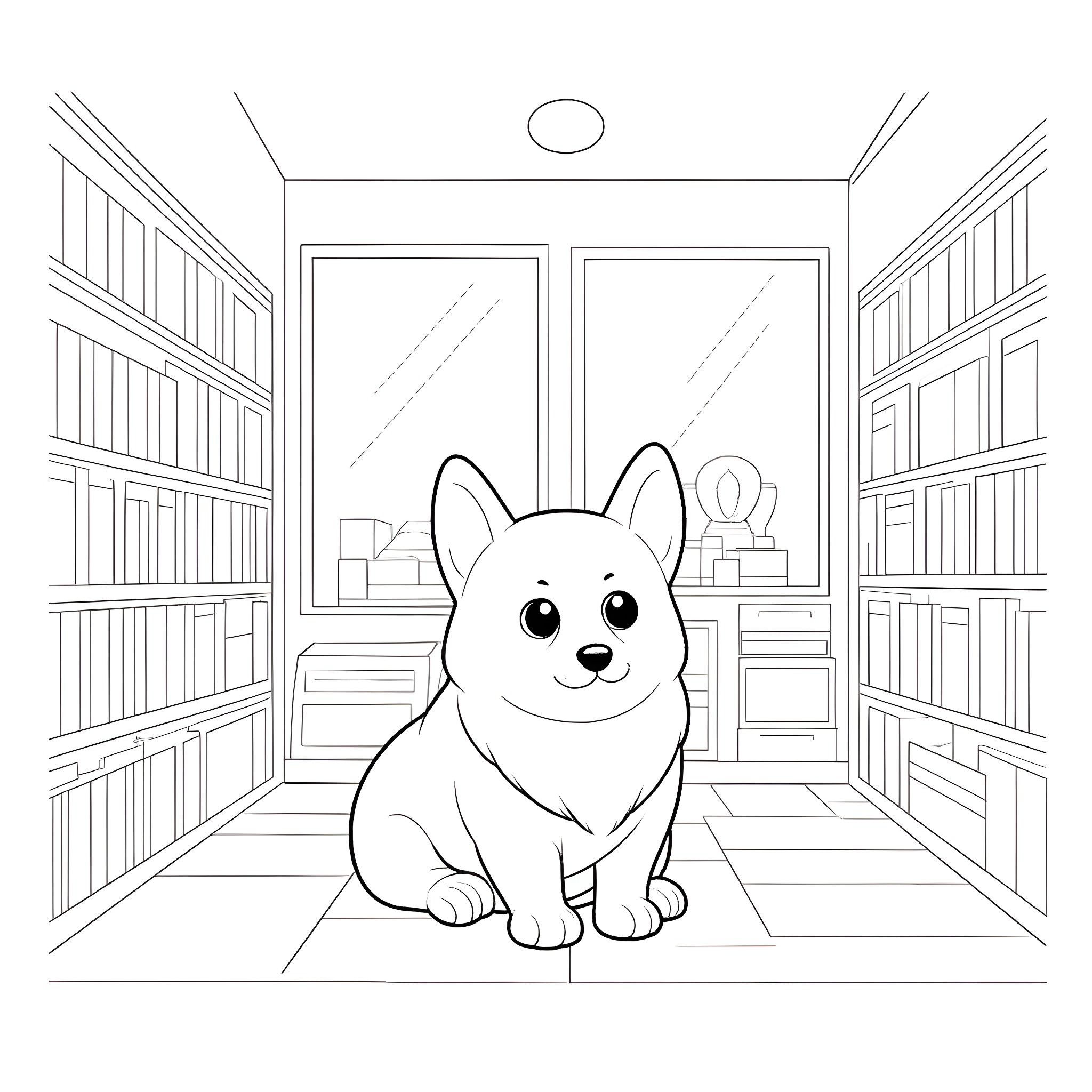 Corgi sitting in a cozy library Coloring Page (free black-and-white line drawing printable PDF for all, from beginners to advanced learners, including children, teens, adults, and seniors)