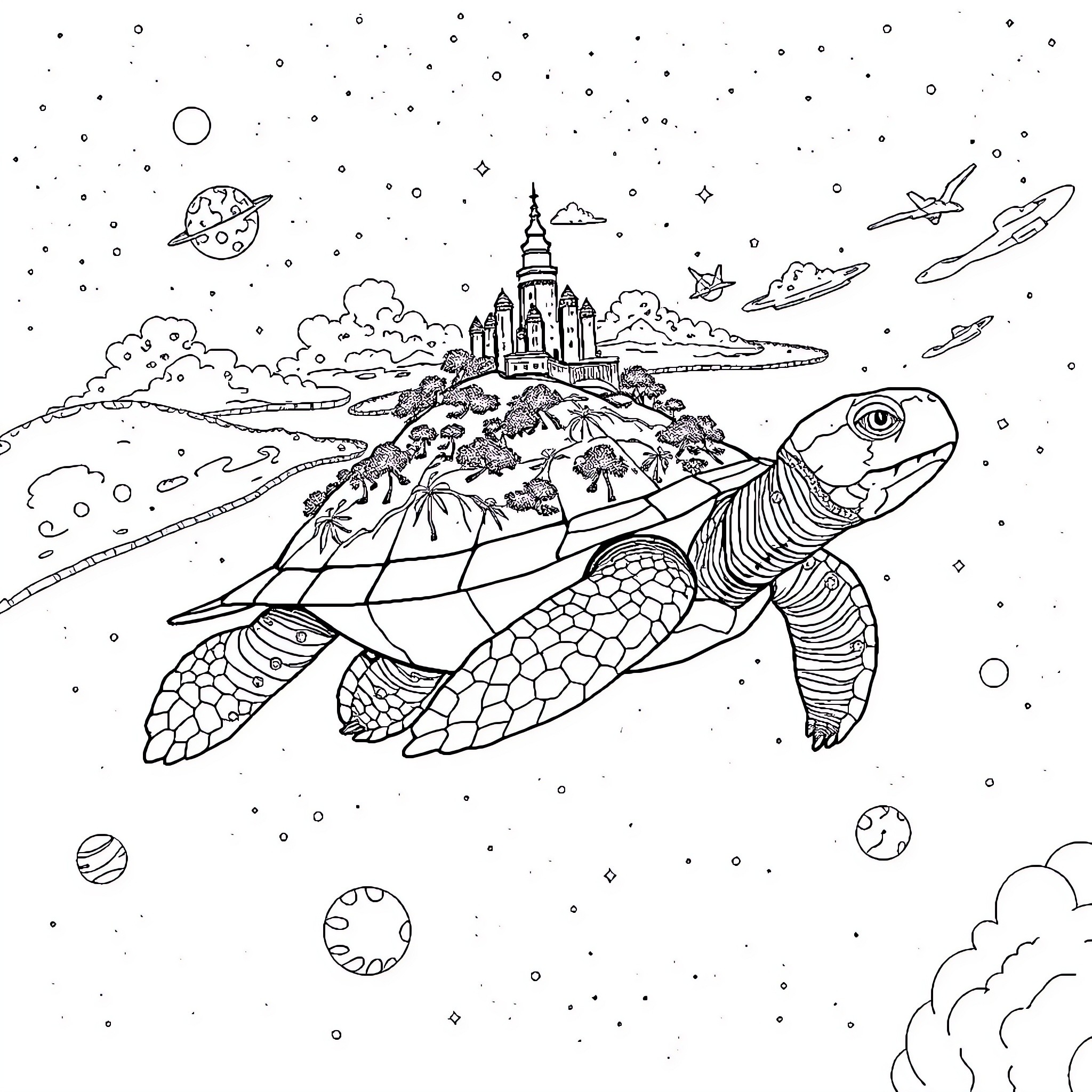 Turtle Exploring the Cosmic Landscape Coloring Page (free black-and-white line drawing printable PDF for all, from beginners to advanced learners, including children, teens, adults, and seniors)