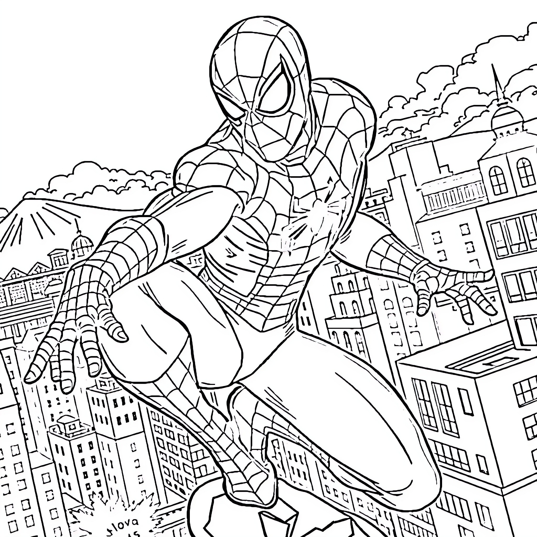 Spiderman swinging through the city skyline Coloring Page (free black-and-white line drawing printable PDF for all, from beginners to advanced learners, including children, teens, adults, and seniors)