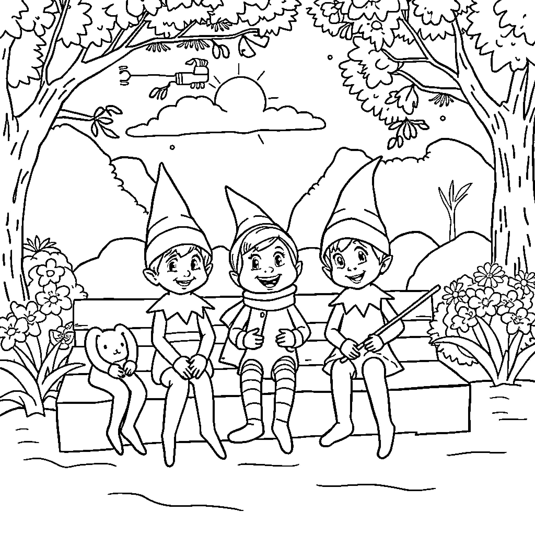 Elf friends enjoying nature in the forest Coloring Page (free black-and-white line drawing printable PDF for all, from beginners to advanced learners, including children, teens, adults, and seniors)
