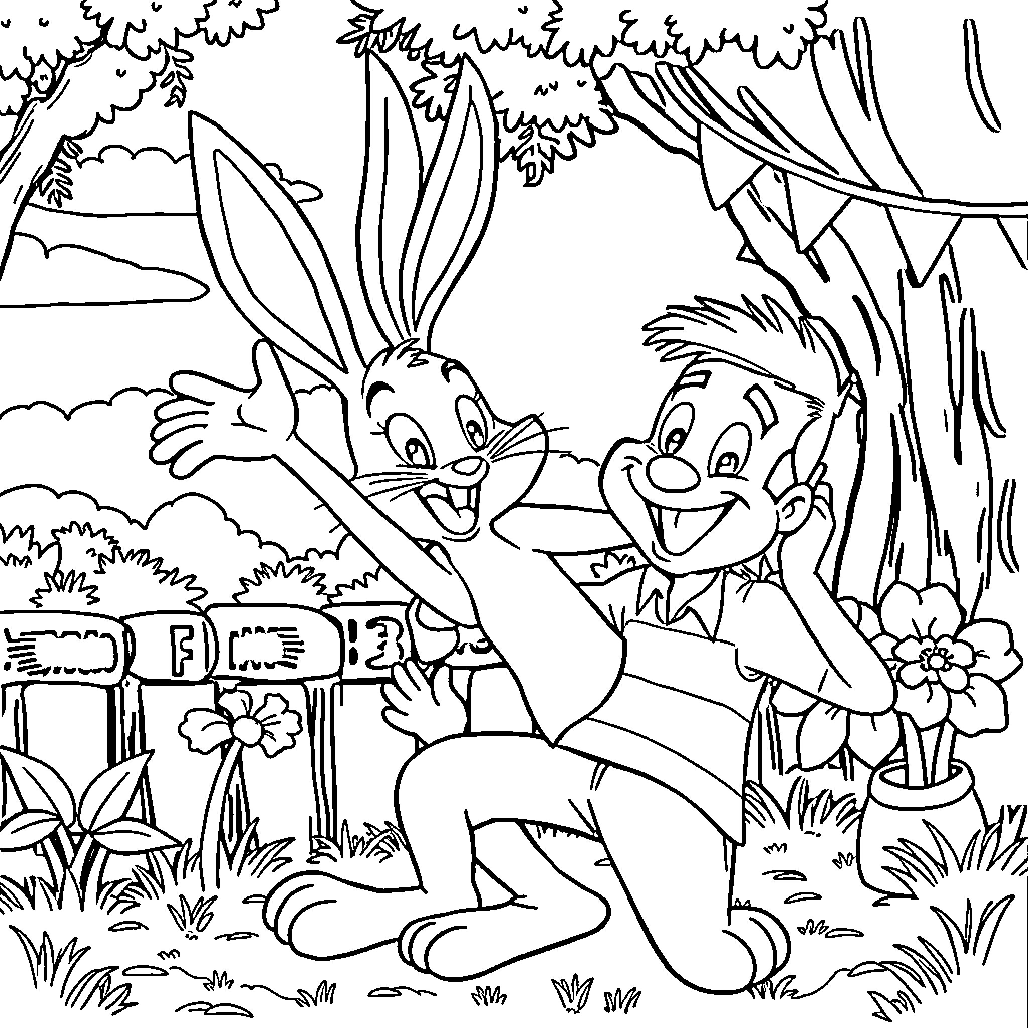 Lola Bunny and Bugs Bunny having fun in the forest Coloring Page (free black-and-white line drawing printable PDF for all, from beginners to advanced learners, including children, teens, adults, and seniors)
