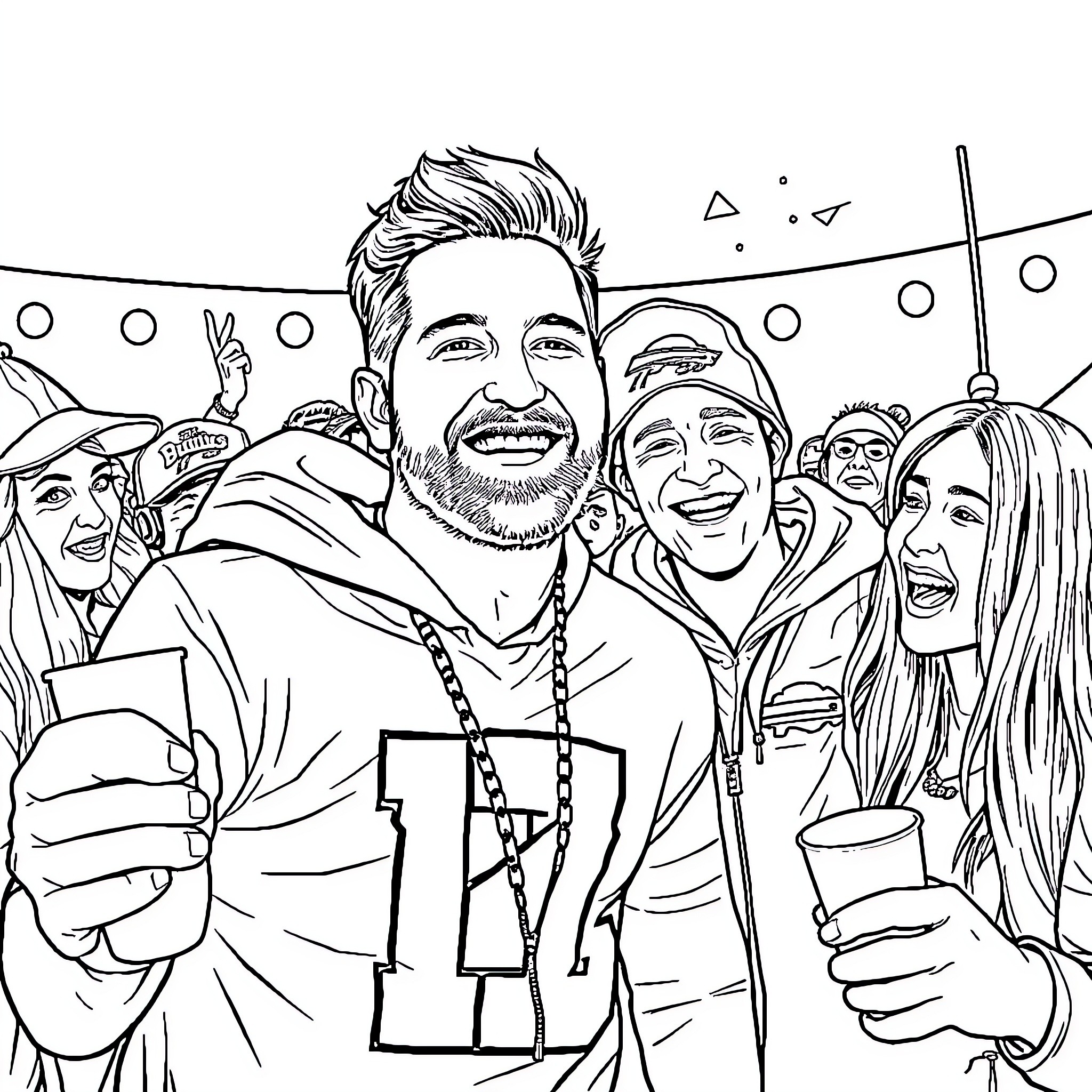 Josh Allen celebrating with friends at a party Coloring Page (free black-and-white line drawing printable PDF for all, from beginners to advanced learners, including children, teens, adults, and seniors)