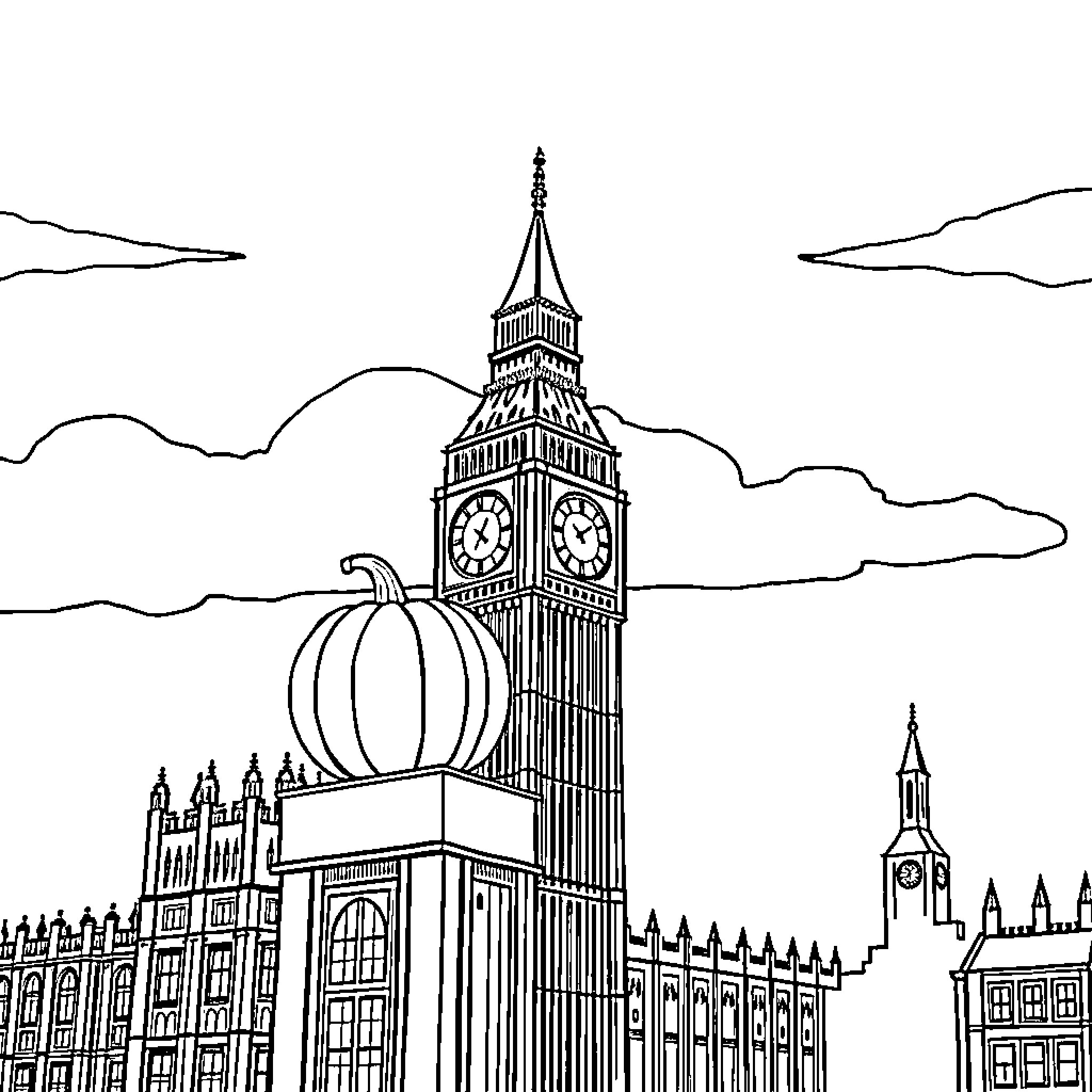 Pumpkin against the backdrop of a grand tower Coloring Page (free black-and-white line drawing printable PDF for all, from beginners to advanced learners, including children, teens, adults, and seniors)